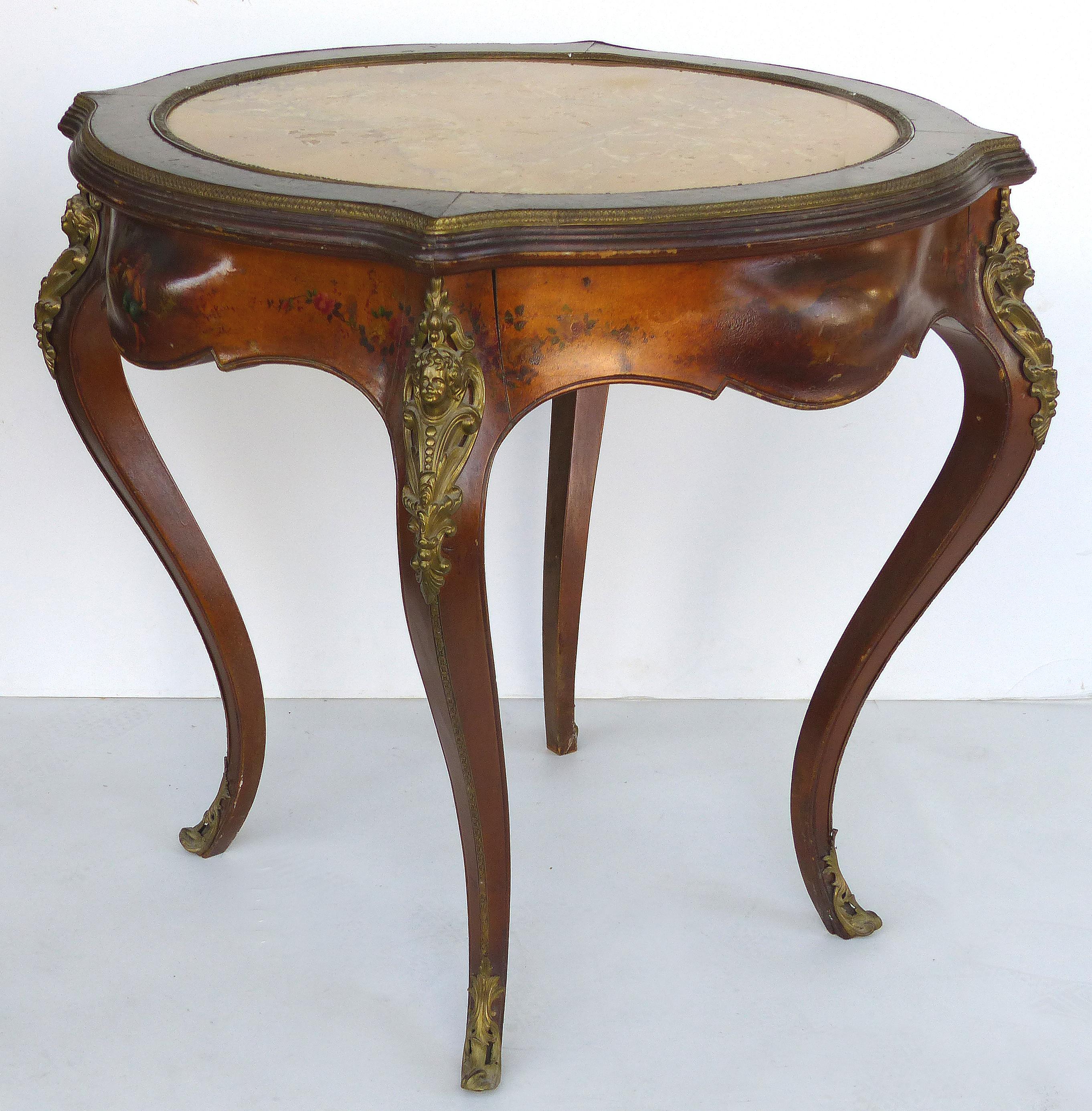 Vernis Martin Style Hand Painted Table

Offered for sale is an early 20th century Vernis Martin style side parlor or center table with hand-painted decoration, bronze mounts, and an inset Siena marble top. The inset marble top is trimmed in bronze