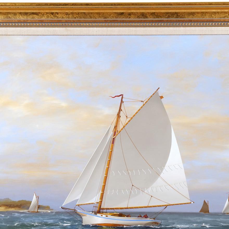 Steeped in the tradition of American Marine painters, like James Buttersworth, and the English artist Montague Dawson, Broe handles his ships and water with great finesse. 

On a clear breezy day with clouds steaming by, his sailboat heads west
