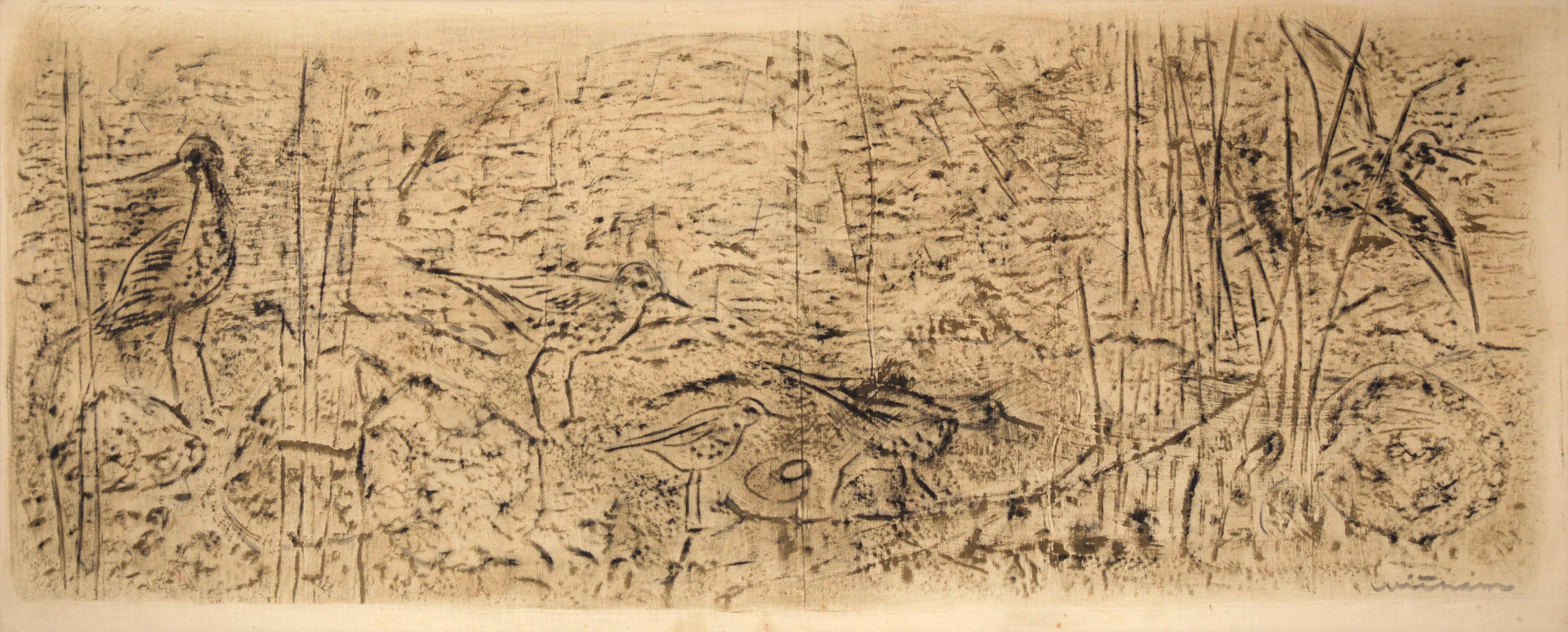 Shore Birds - Monochrome Abstracted Landscape with Birds in Oil on Linen - Painting by Vernon Clint Witham