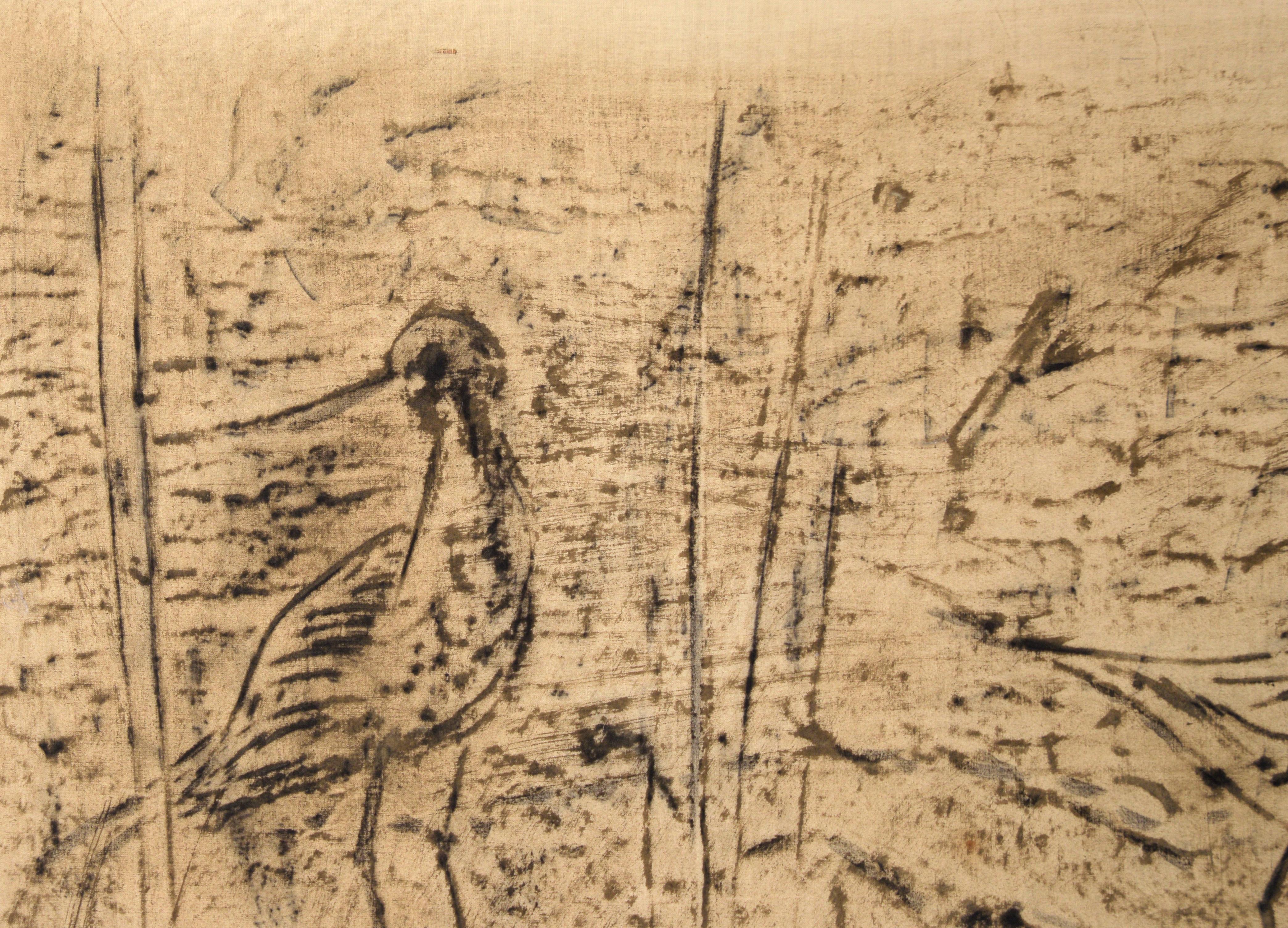 Shore Birds - Monochrome Abstracted Landscape with Birds in Oil on Linen - Minimalist Painting by Vernon Clint Witham