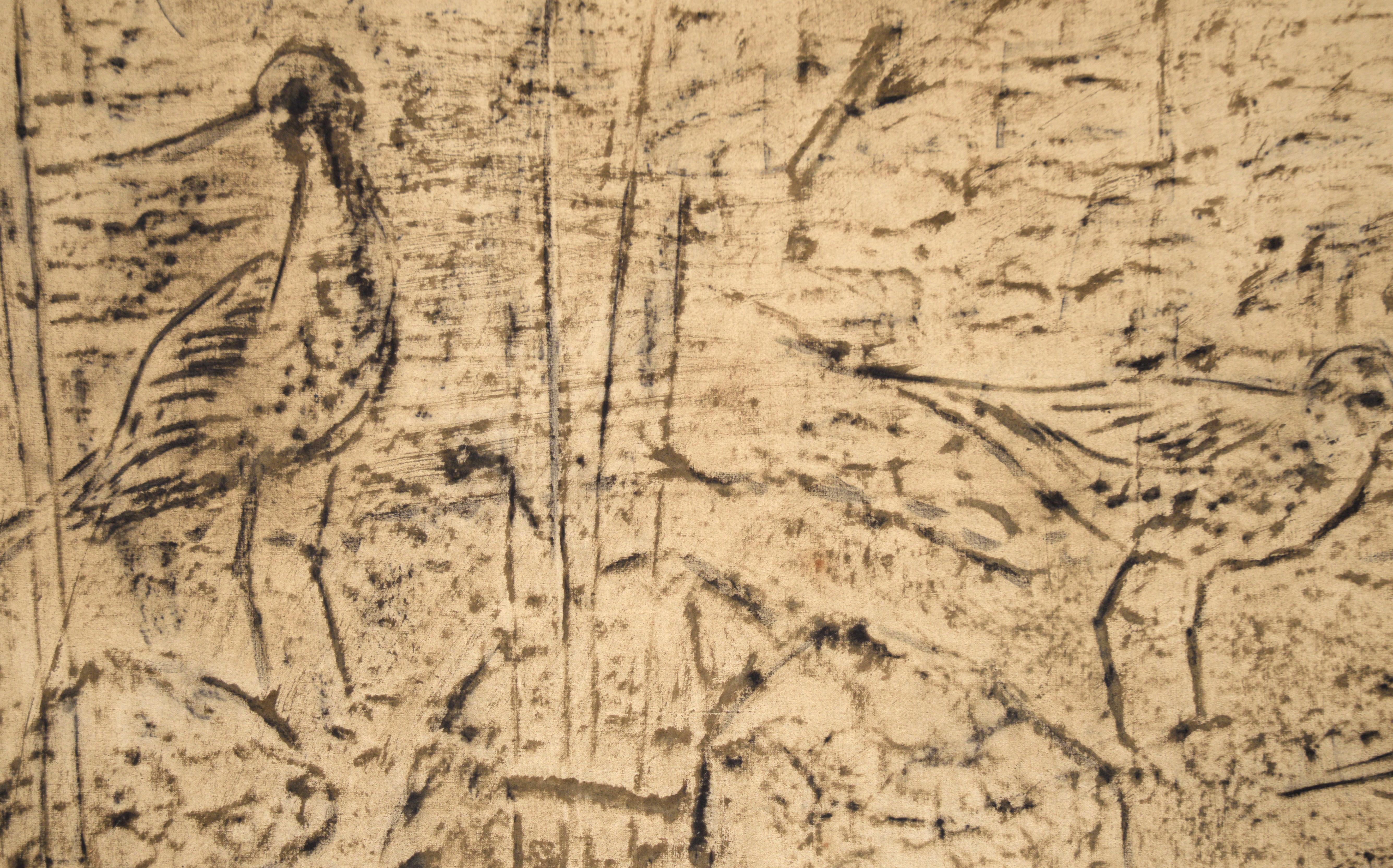 Shore Birds - Monochrome Abstracted Landscape with Birds in Oil on Linen - Brown Landscape Painting by Vernon Clint Witham