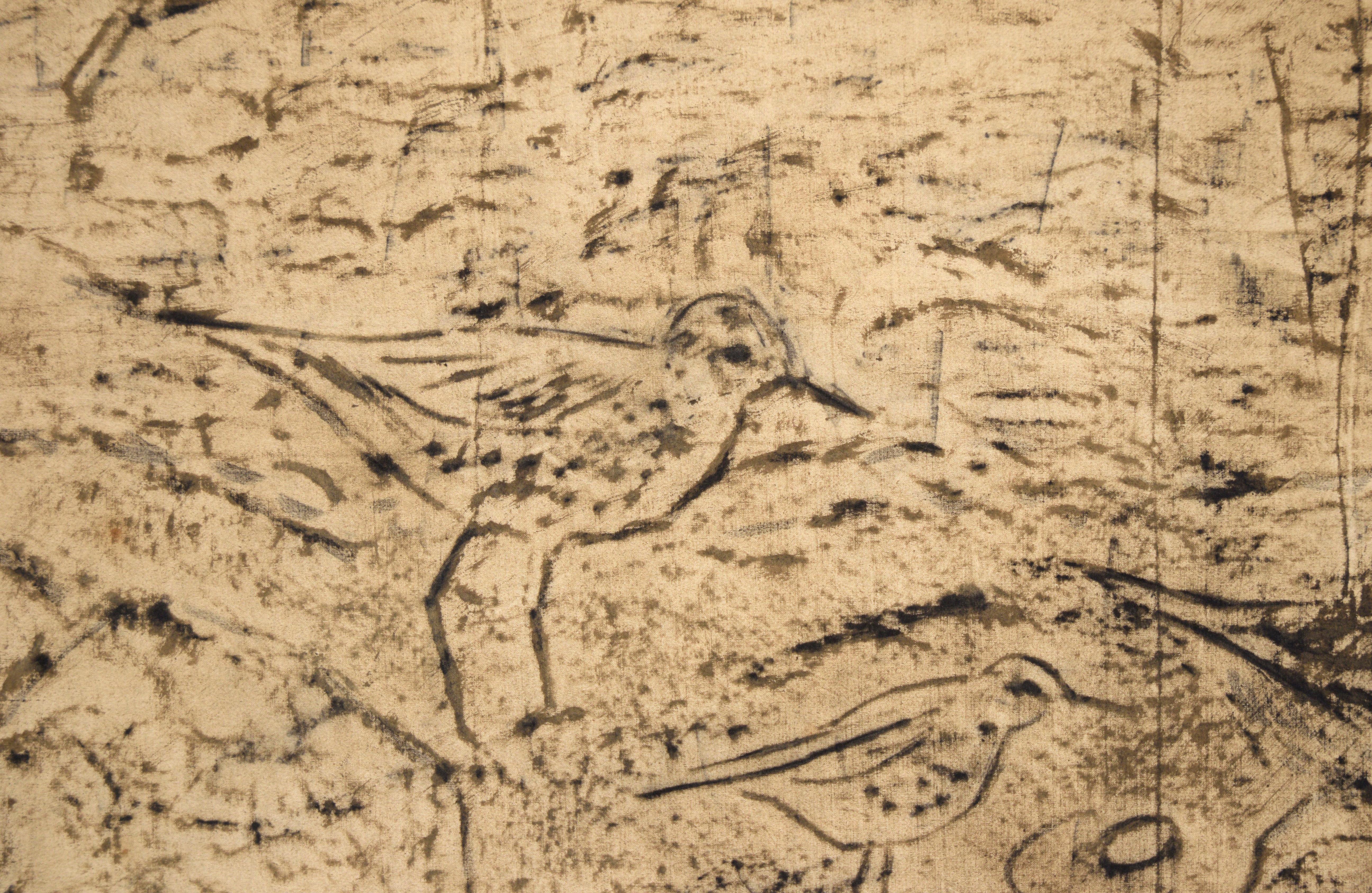 Shore Birds - Monochrome Abstracted Landscape with Birds in Oil on Linen

Delicate monochrome composition by Vernon Clint Witham (American, 1925-2010). Shore birds are shown foraging among reeds and plants at the waterline. One is shown taking