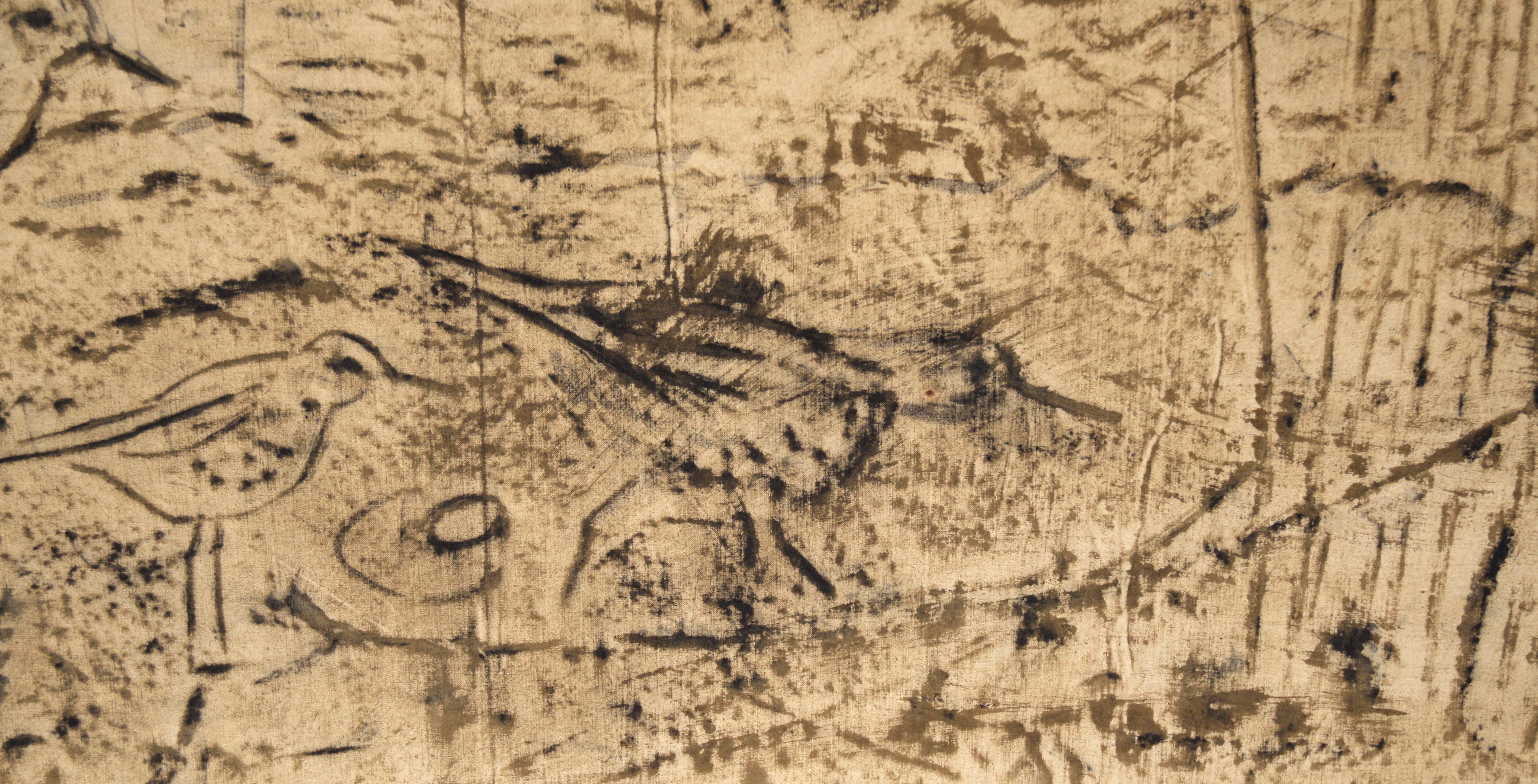 Shore Birds - Monochrome Abstracted Landscape with Birds in Oil on Linen 1
