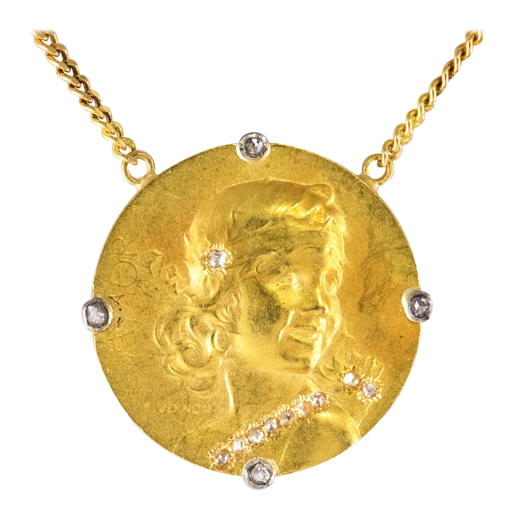 Vernon French 1900s Art Nouveau 18 Karat Yellow Gold Diamond Necklace