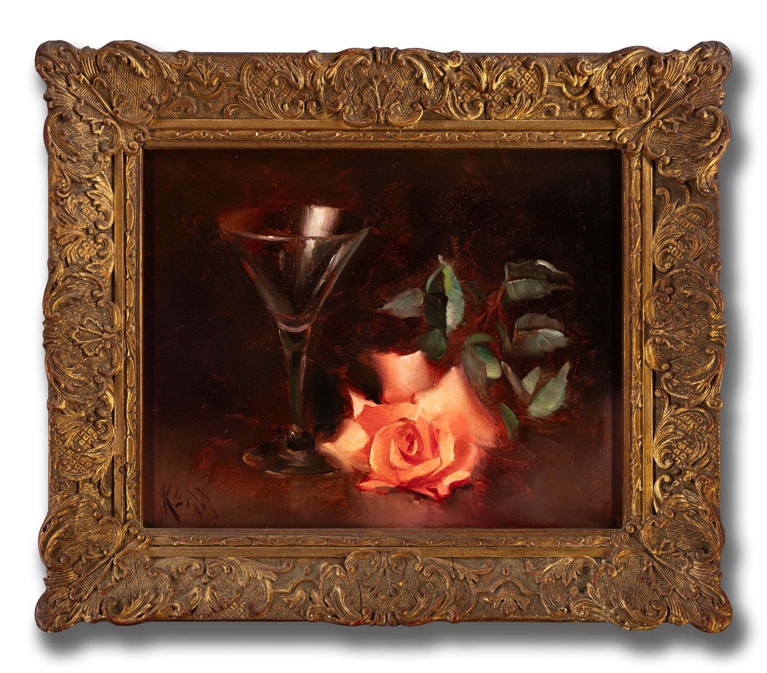 Vernon Kerr [Empty Glass, Fallen Rose] Signed 1966 Oil on Board Still Life For Sale 1