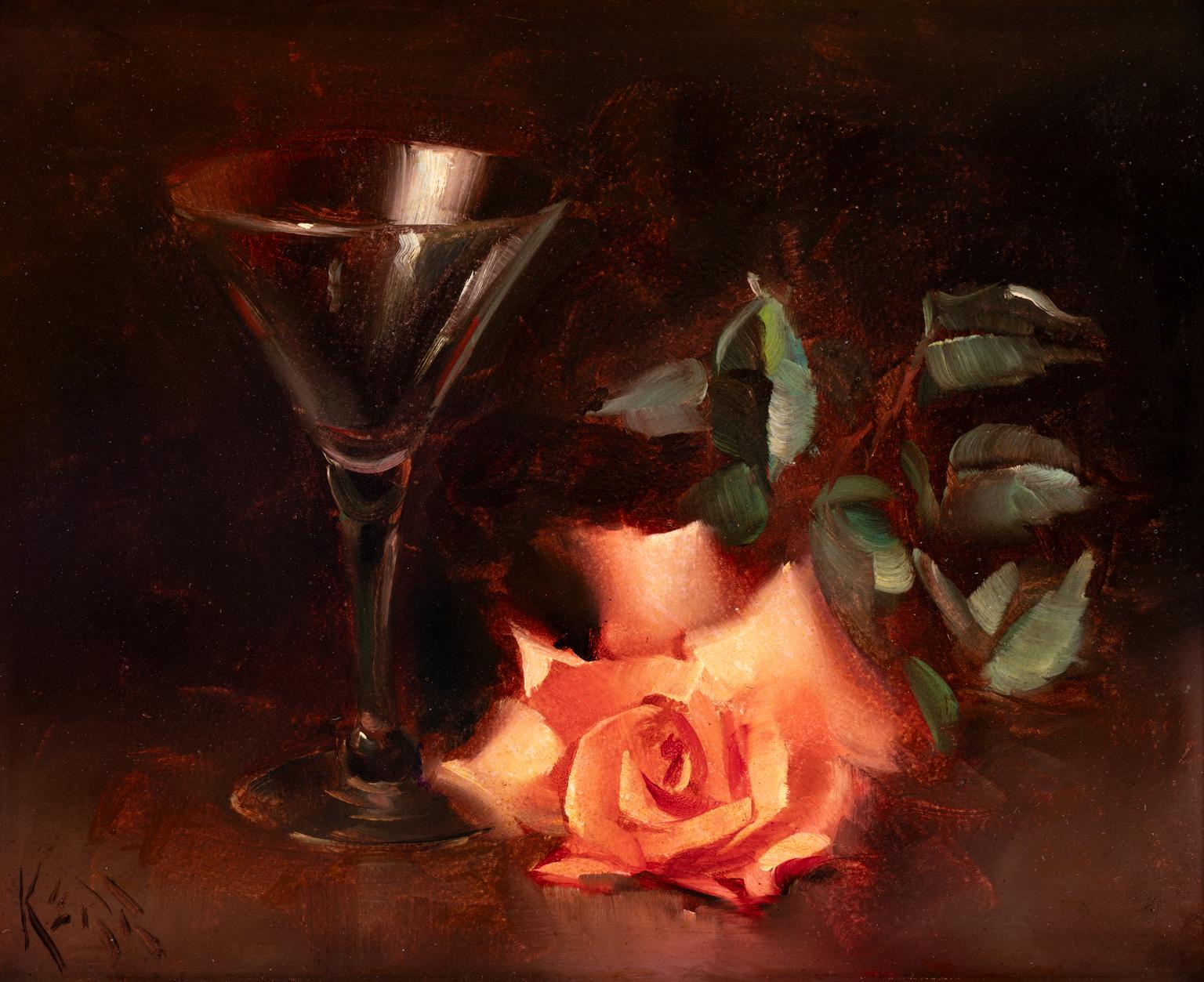 Vernon Kerr [Empty Glass, Fallen Rose] Signed 1966 Oil on Board Still Life For Sale 2