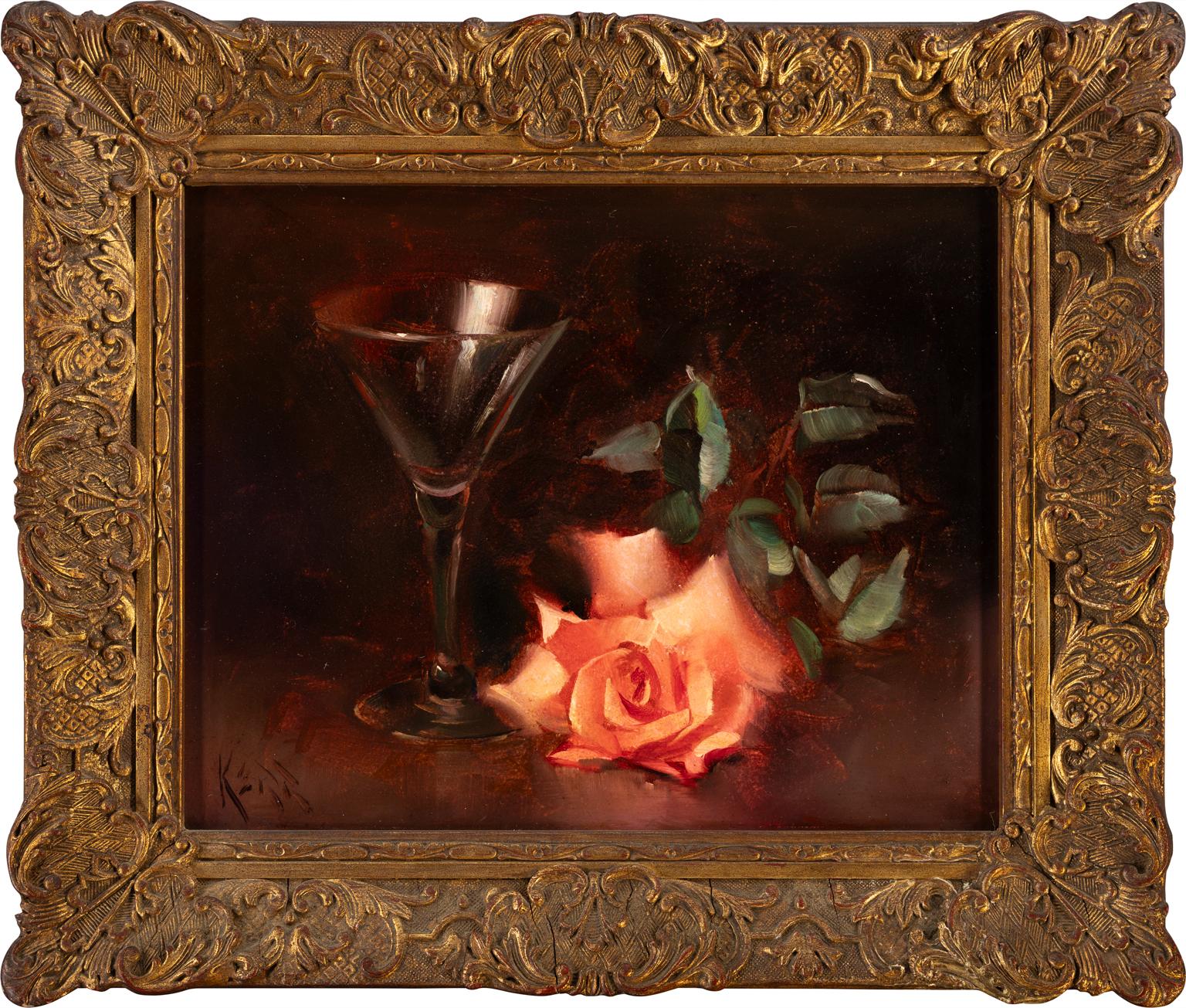 Vernon Kerr [Empty Glass, Fallen Rose] Signed 1966 Oil on Board Still Life