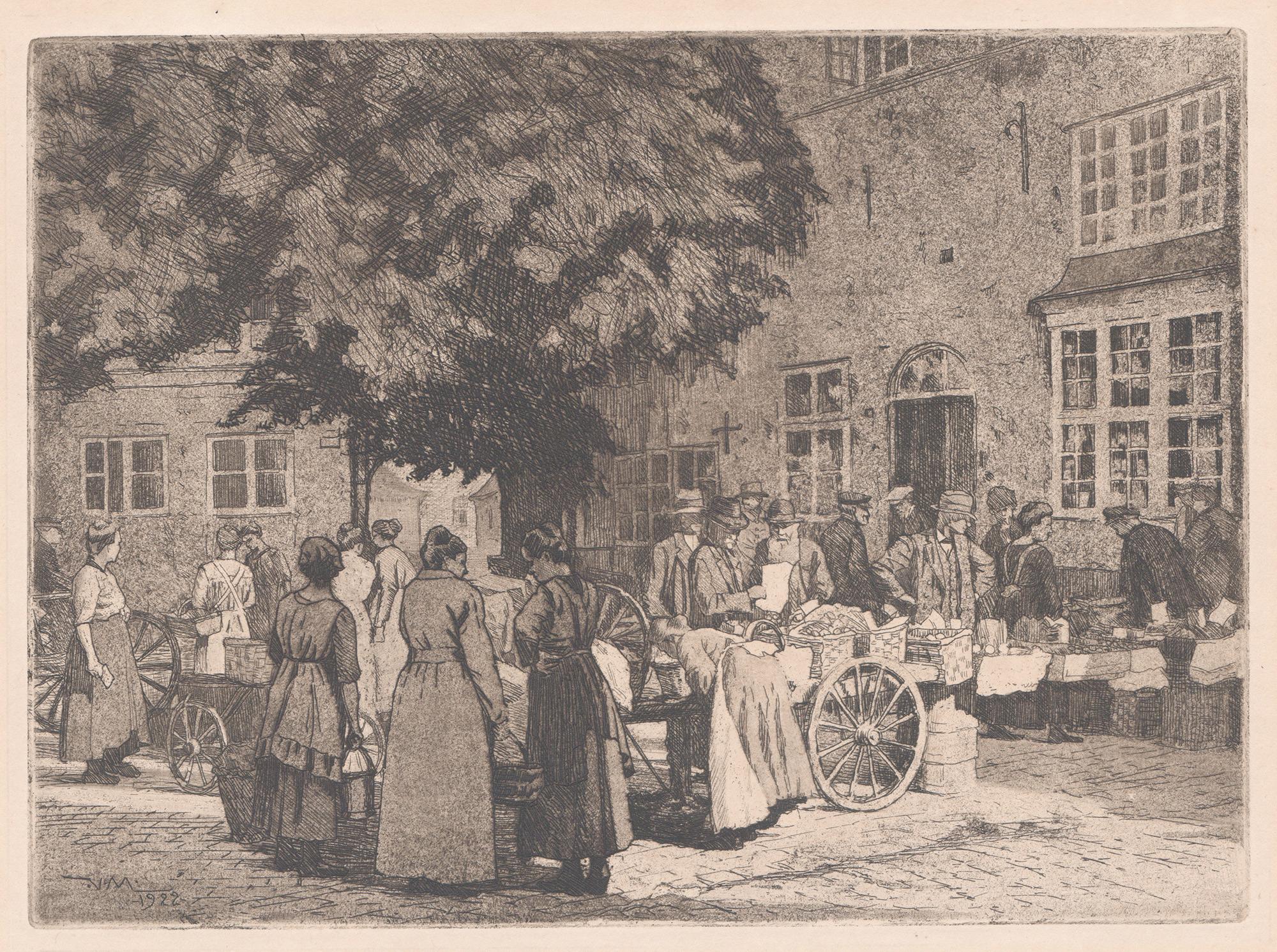 Street Market - Montmatre, France, etching, 1922