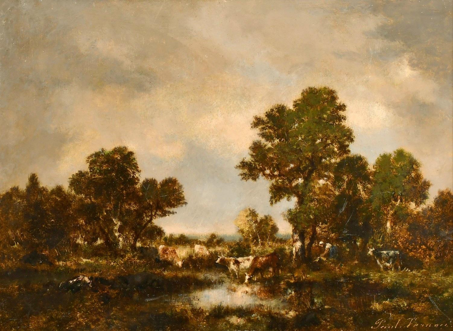 Shepherdess in the Fontainebleau forest. Barbizon. O/P Signed LR - Realist Painting by Vernon Paul