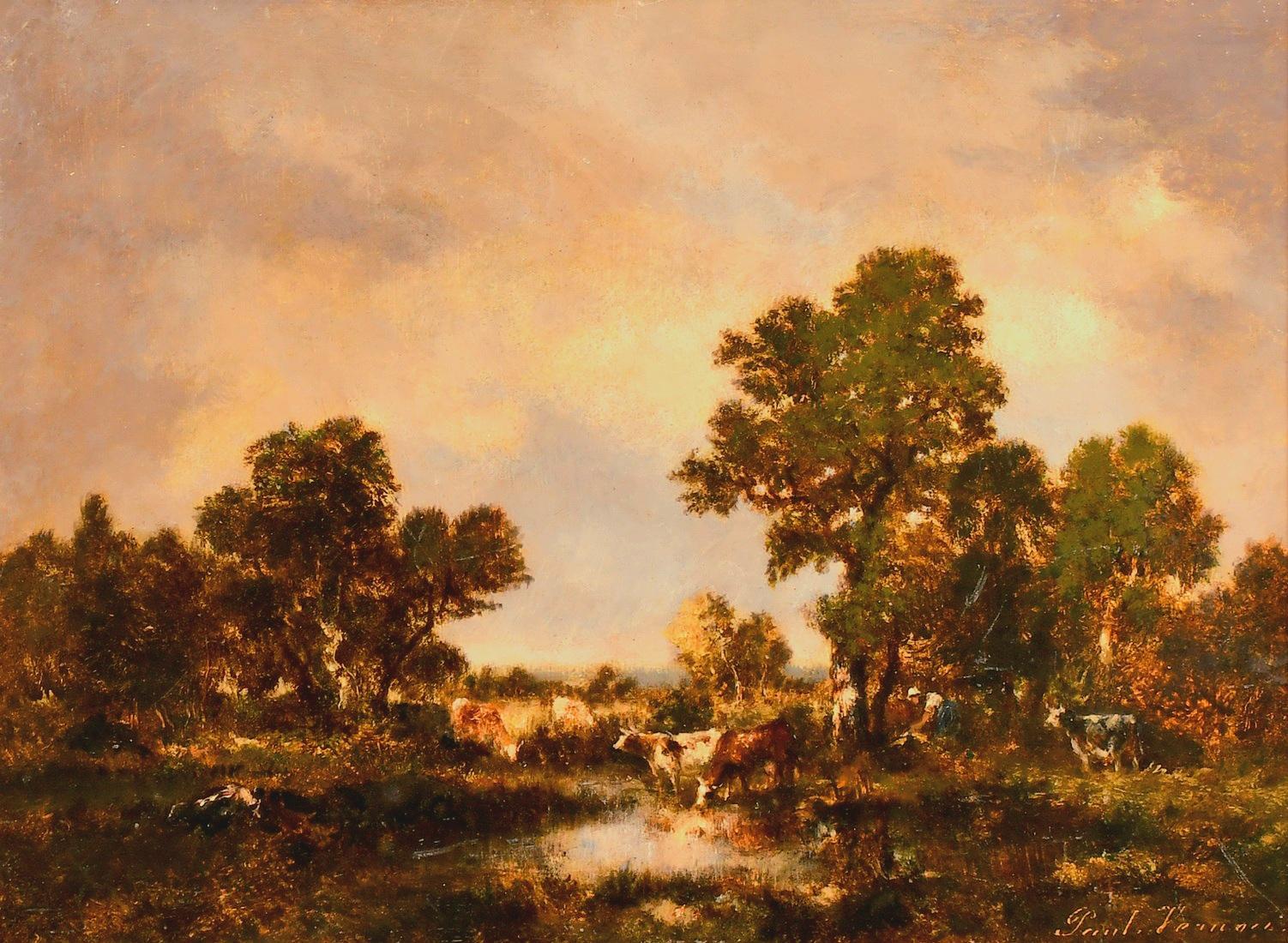 Shepherdess in the Fontainebleau forest. Barbizon. O/P Signed LR - Black Landscape Painting by Vernon Paul