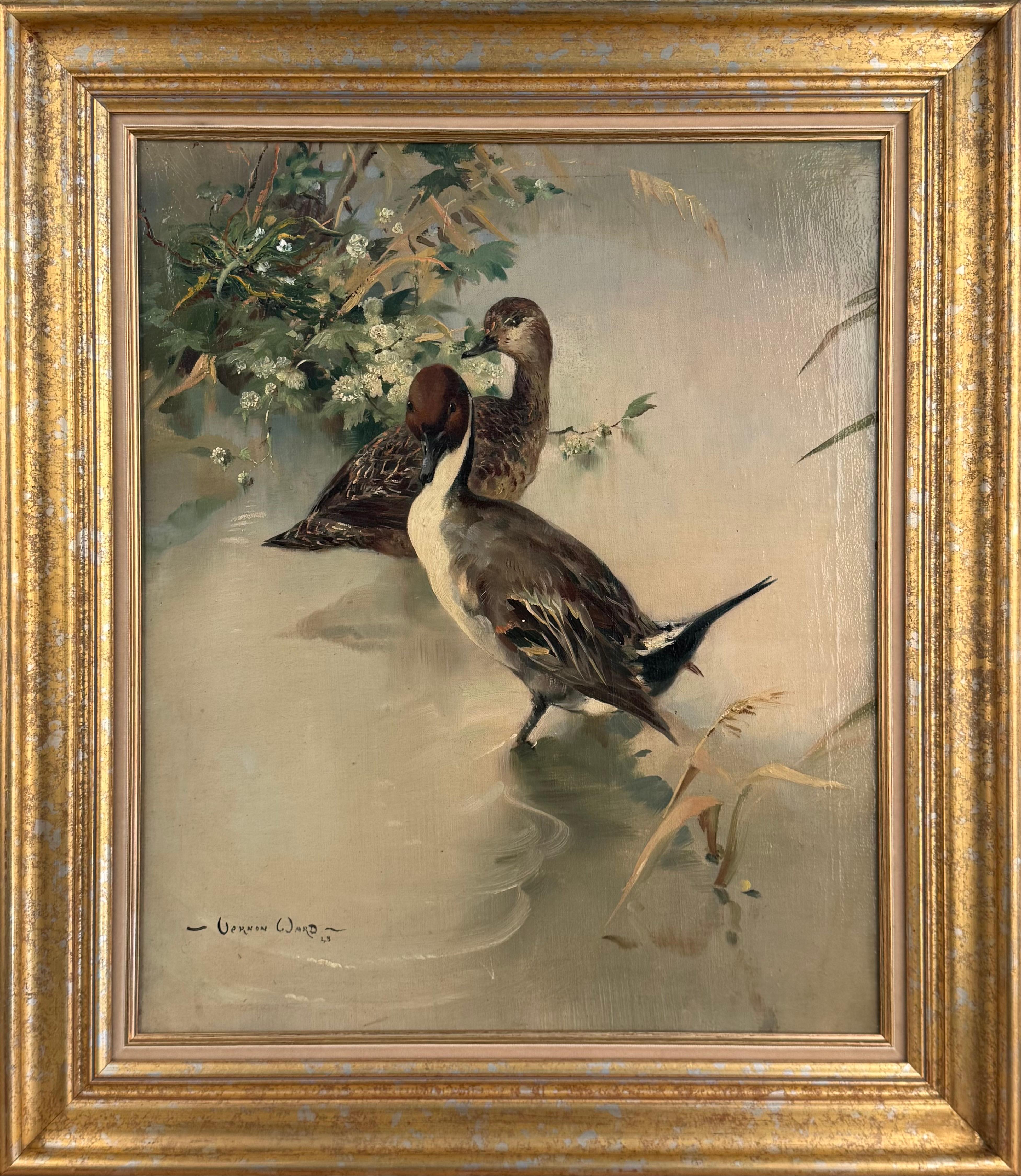 Des canards pilets en mai - Peinture à l'huile sur toile encadrée, milieu du XXe siècle