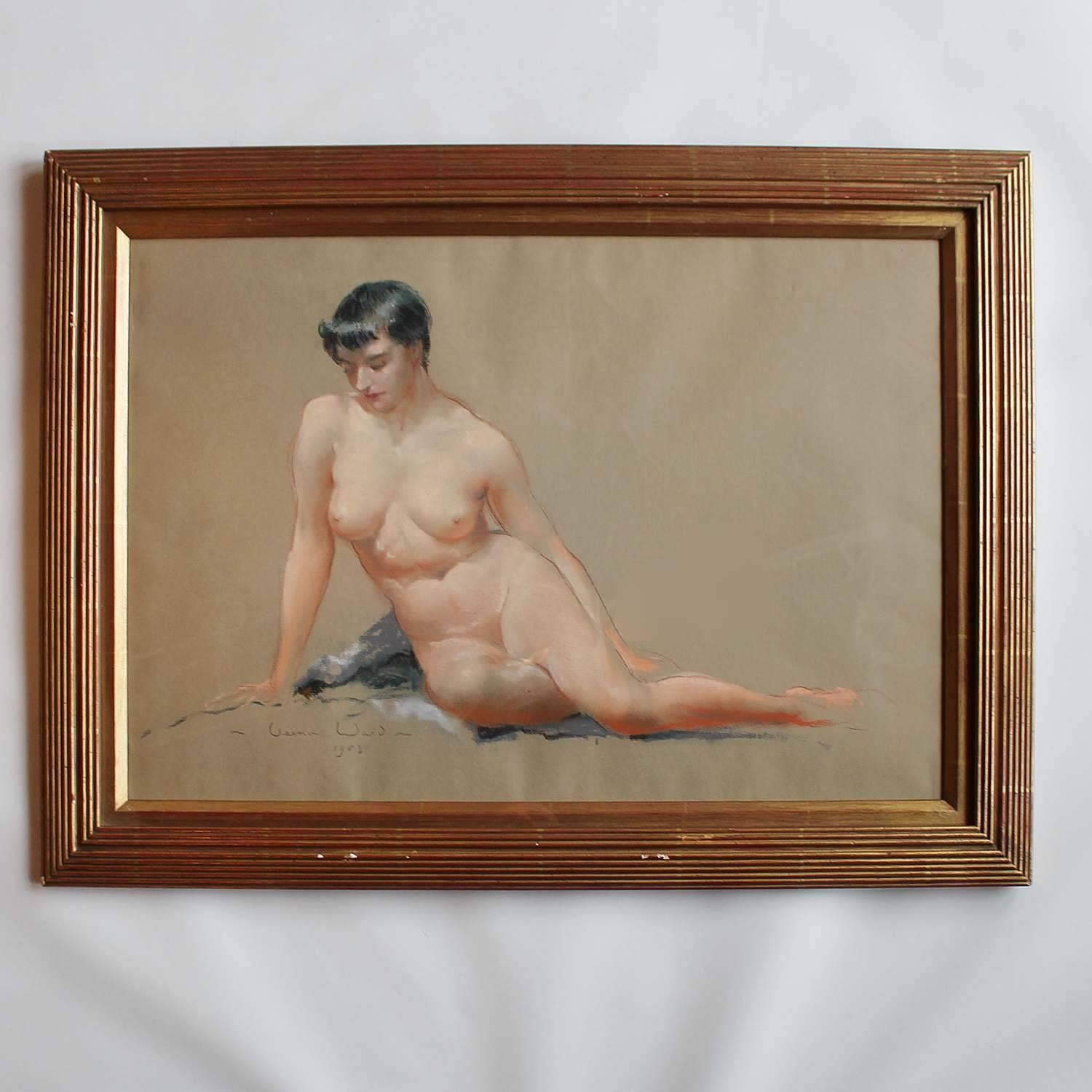 A study in pastels on paper of a nude figure. Signed and dated lower left.

Vernon Beauvoir Ward was a 20th century English painter and commercial artist noted for his works of flowers, birds and Edwardian subjects. This sympathetic nude is a rare