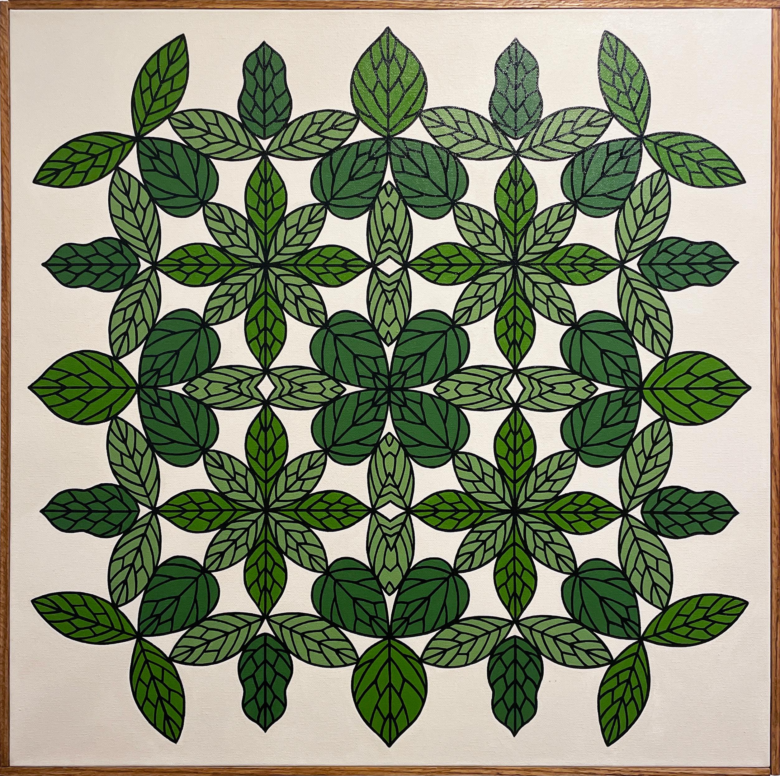 "Verdor II" (2023) des Straßenkünstlers und Wandmalers Vero Rivera

Zartes, mandala-ähnliches abstraktes geometrisches Muster aus Blättern in verschiedenen Grüntönen mit schwarzer Linienführung auf cremefarbenem Hintergrund. Individuell gebeizter
