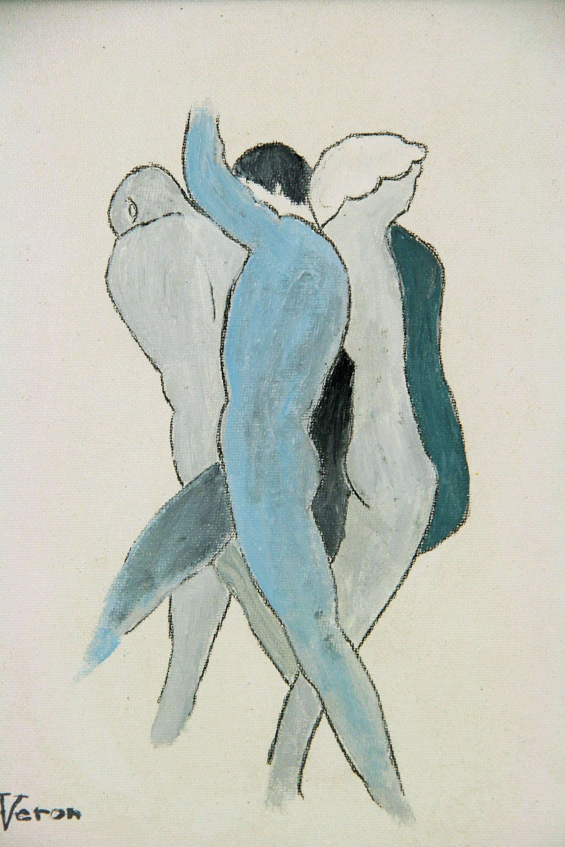 French Three Male  Nudes Embracing     Blue Painting For Sale 1