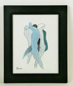 Three Male Nudes Embracing, Acrylic on Board, Framed, 1980s, Signed