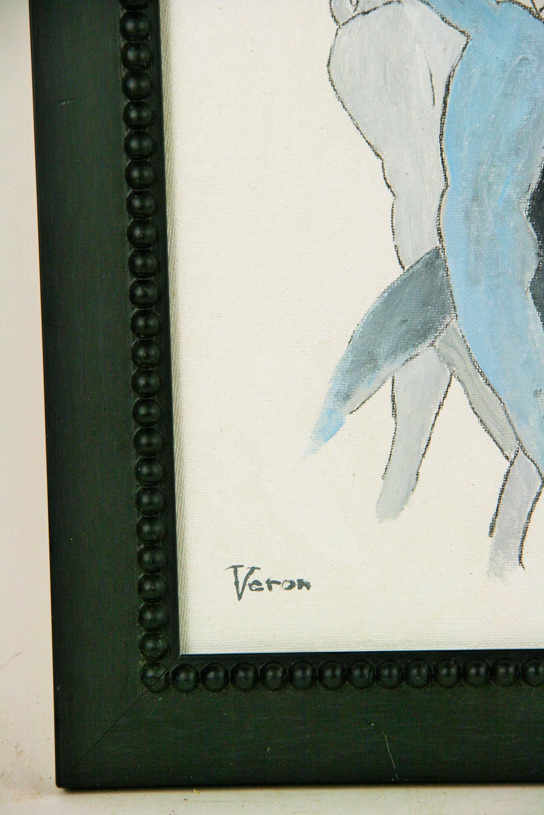 Vintage By tre uomini  Nudi che si abbracciano     Pittura blu - Painting di Veron