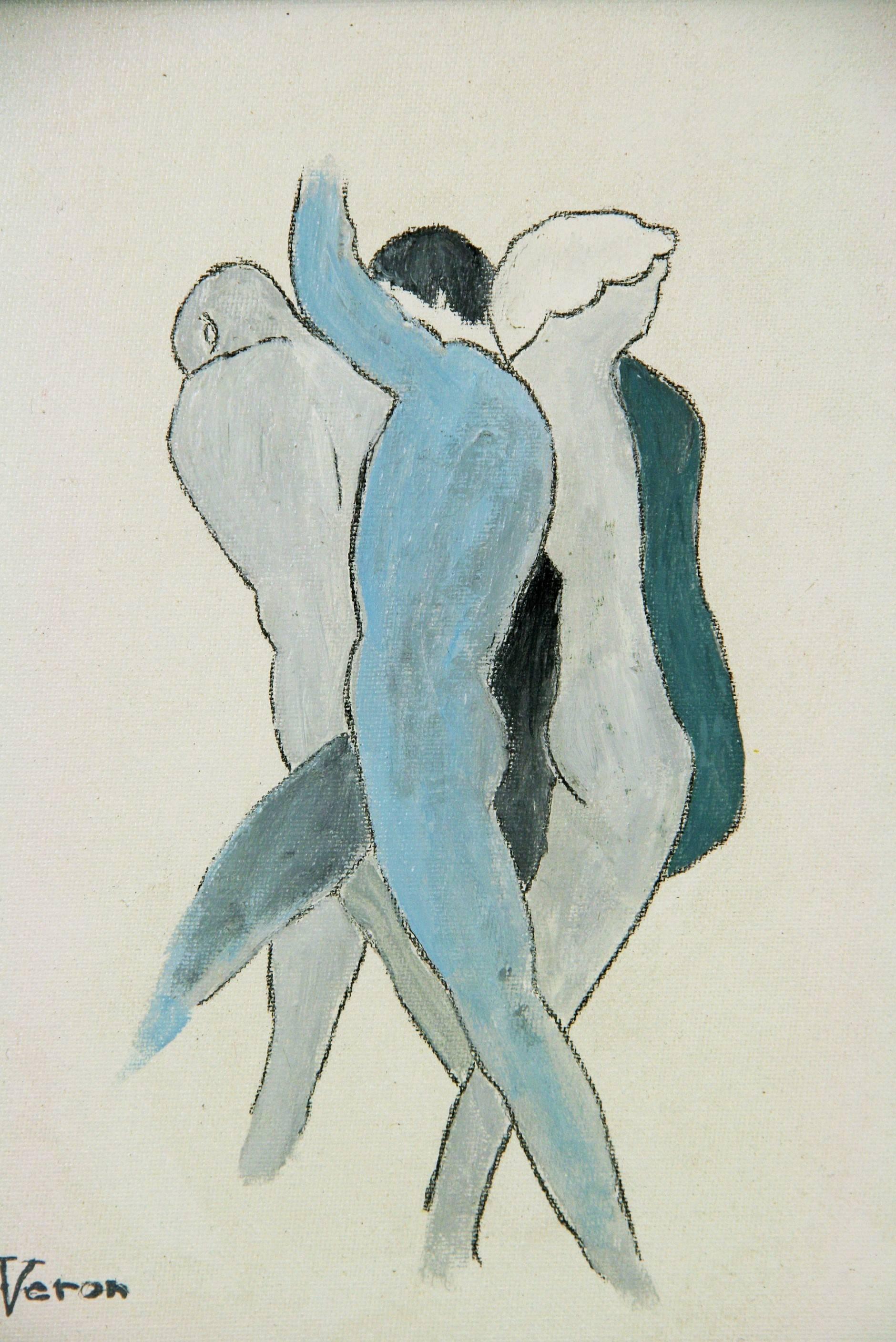 Vintage By tre uomini  Nudi che si abbracciano     Pittura blu - Nude Painting Grigio di Veron
