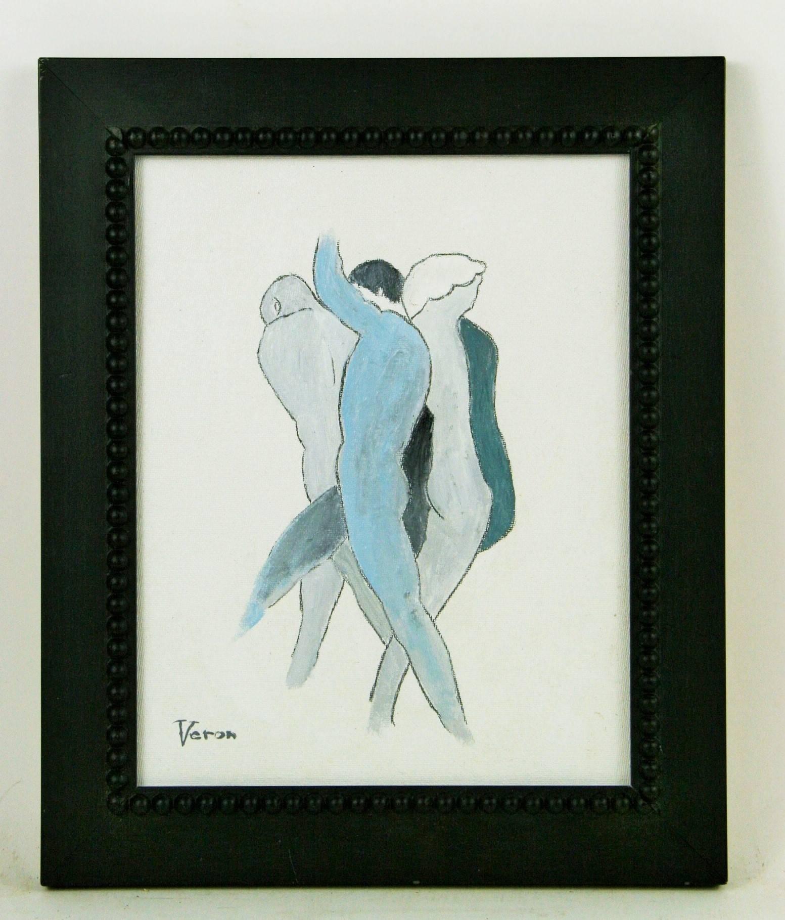 #5-2897 Figure blu, contemporaneo  Acrilico su tavola, esposto in una cornice di legno nero, firmato in basso a sinistra da Veron.  H. H. x 7,5 W.