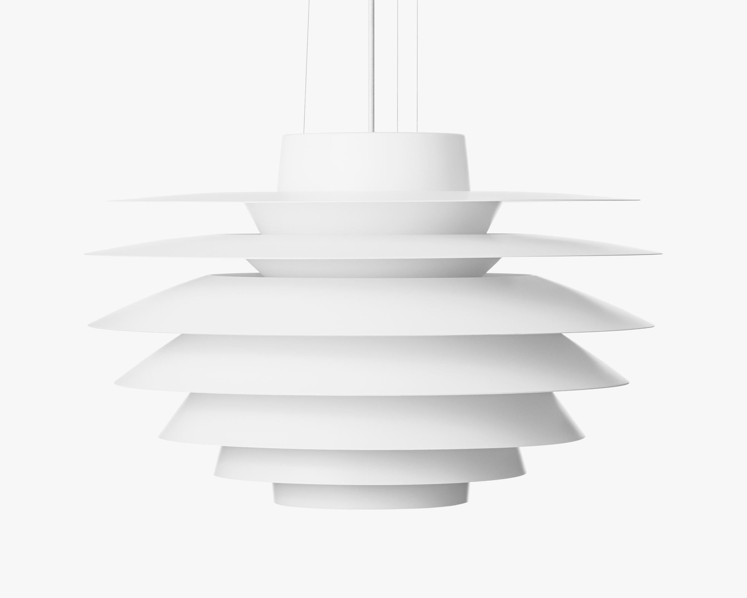 Pendant lamp Verona signed by Sven Middelboe for LYFA.
Official new edition

Textile wire (white) 300cm
Bulb: G9/E14/27 max 40/60W (110V-230V)

Matt printed aluminum

Sizes available:
D 175 mm – H 125 mm
D 250 mm – H 174 mm
D 320 mm – H