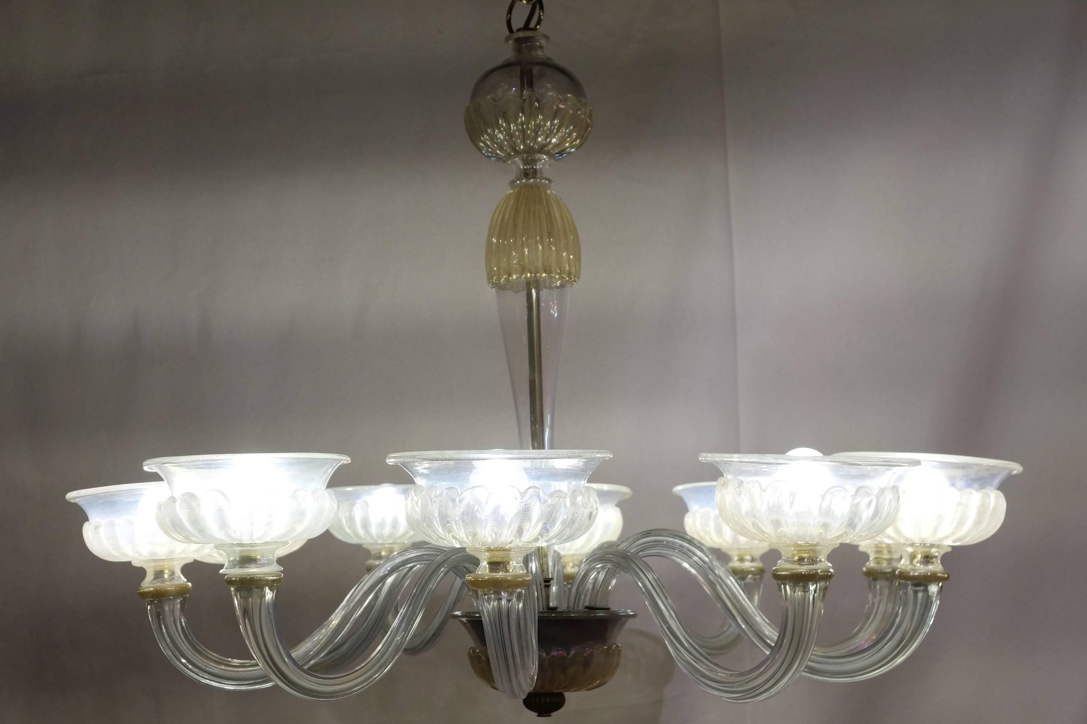 Mid-20th Century Maison Veronese Chandelier Attributed to André Arbus, Opaline Glass, circa 1940 For Sale