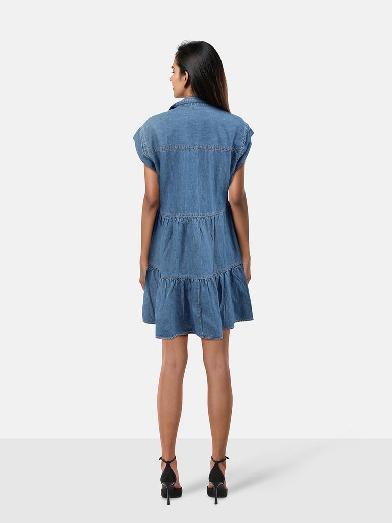 Veronica Beard Blue Denim Pleated Tiered Dress Size S at 1stDibs