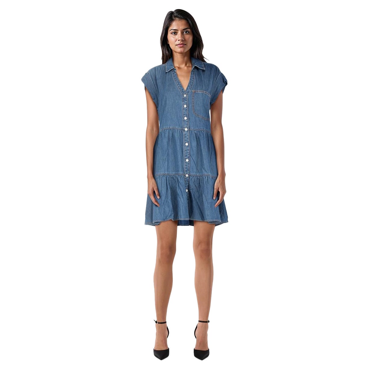 Veronica Beard Blue Denim Pleated Tiered Dress Size S