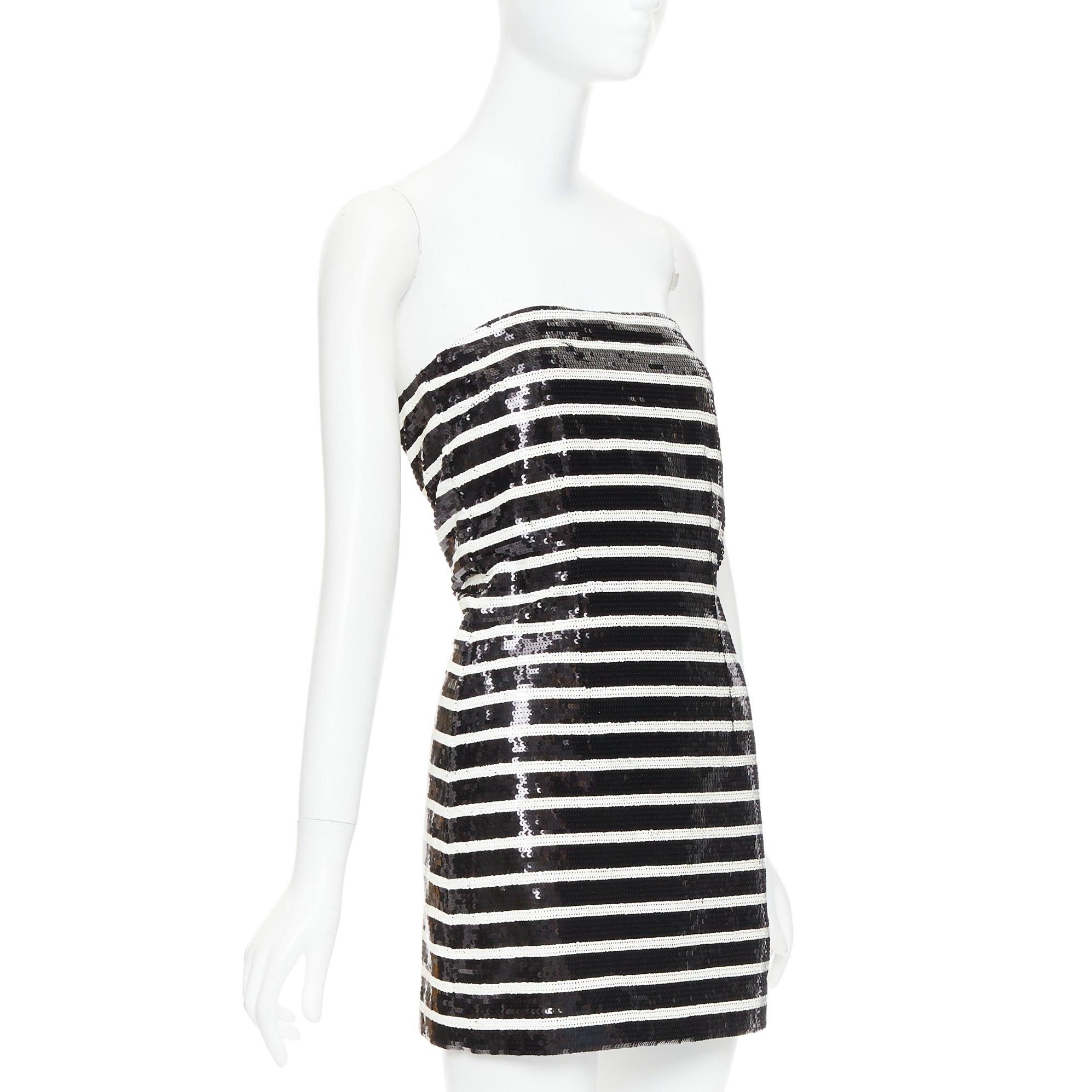 Gris VERONICA BEARD Calas Robe corsetée sans bretelles à rayures noires et blanches et à paillettes US0 XS en vente