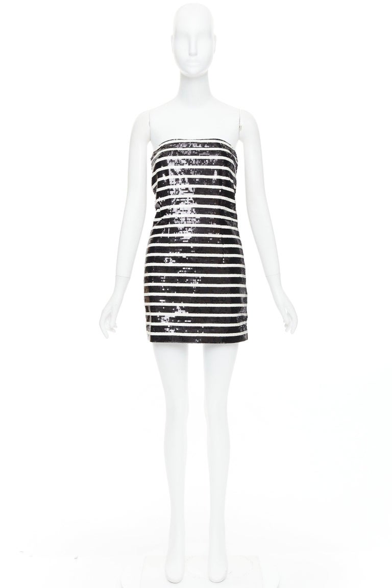 VERONICA BEARD Cala black white striped sequin strapless corseted dress US0  XS For Sale at 1stDibs