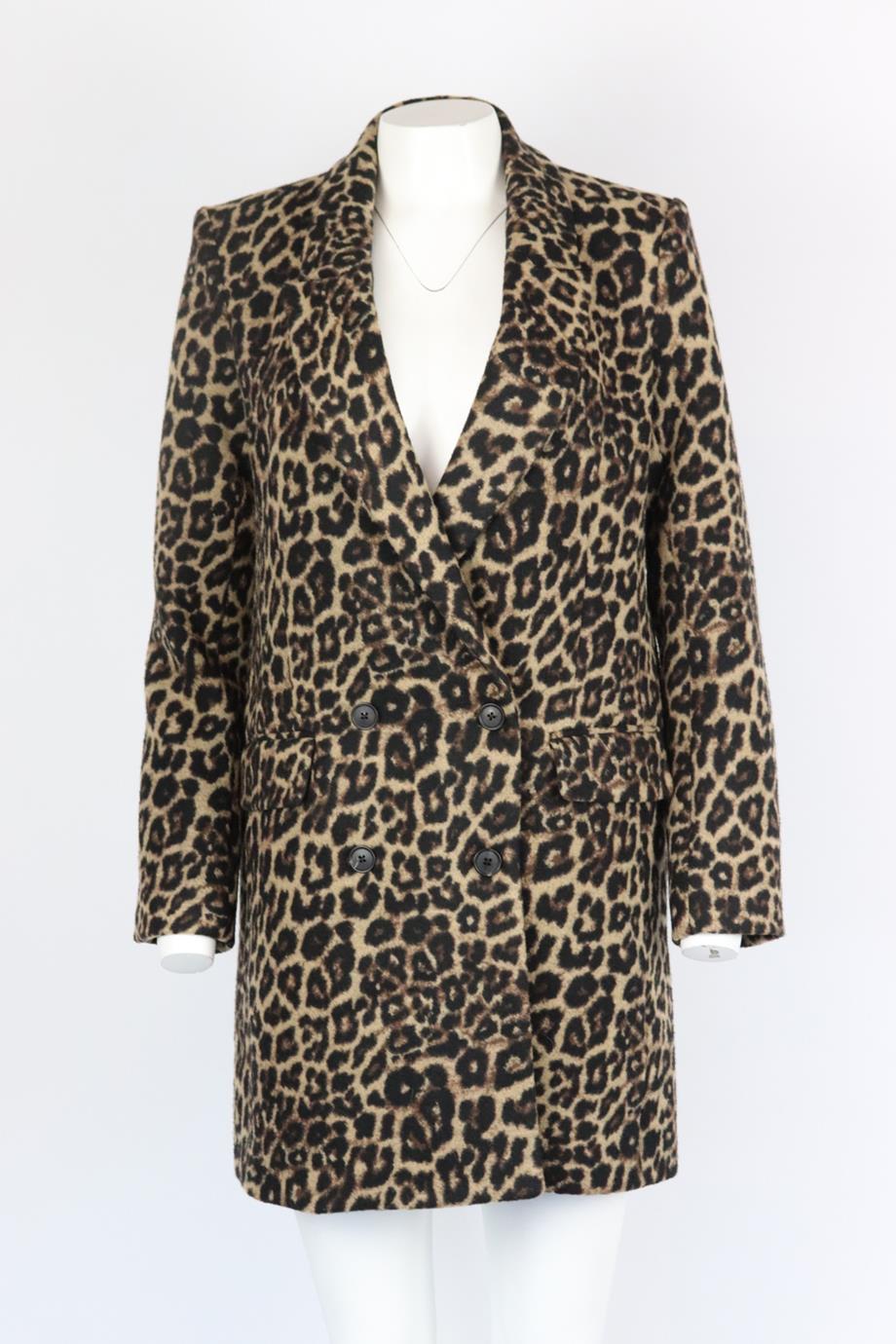 Veronica Beard leopard print wool blend coat. Brown, beige and black. Long sleeve, v-neck. Button fastening at front. 45% Polyester, 35% acrylic, 20% wool; lining: 100% polyester. Size: US 6 (UK 10, FR 38, IT 42) Shoulder to shoulder: 15.5 in. Bust: