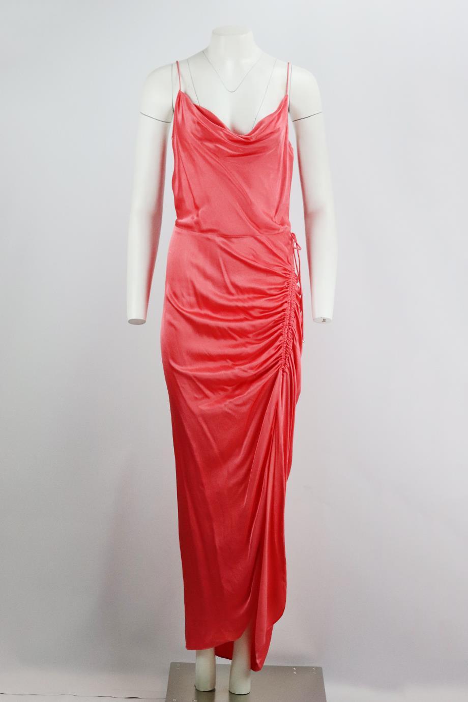 Veronica Beard ruched satin maxi dress. Pink. Sleeveless, cowl-neck. Zip fastening at side. 100% Viscose. Size: US 8 (UK 12, FR 40, IT 44). Bust: 35 in. Waist: 28 in. Hips: 37 in. Length: 59 in
