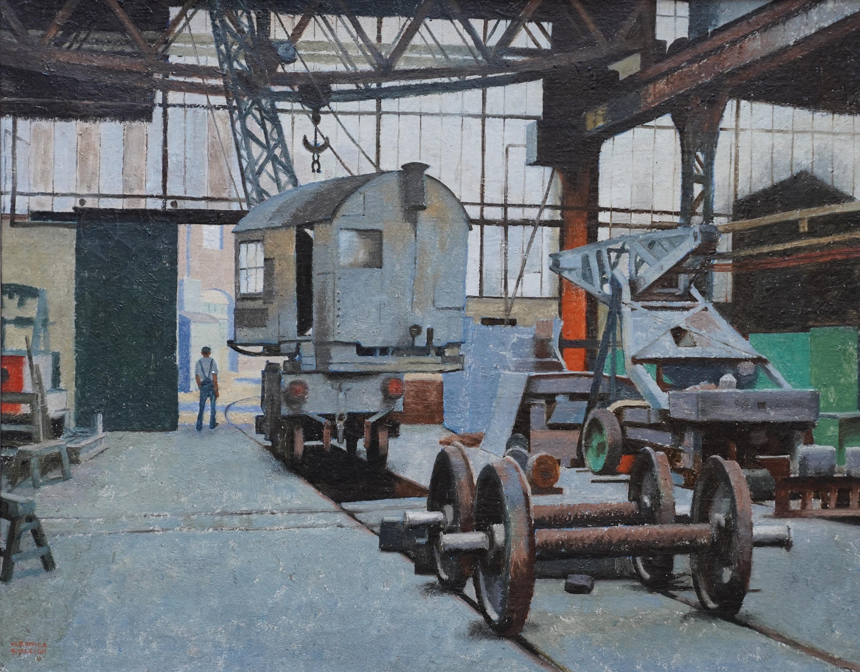 Interior of Brighton Railway Works 1950 - British art Industrial oil painting - Painting by Veronica Burleigh