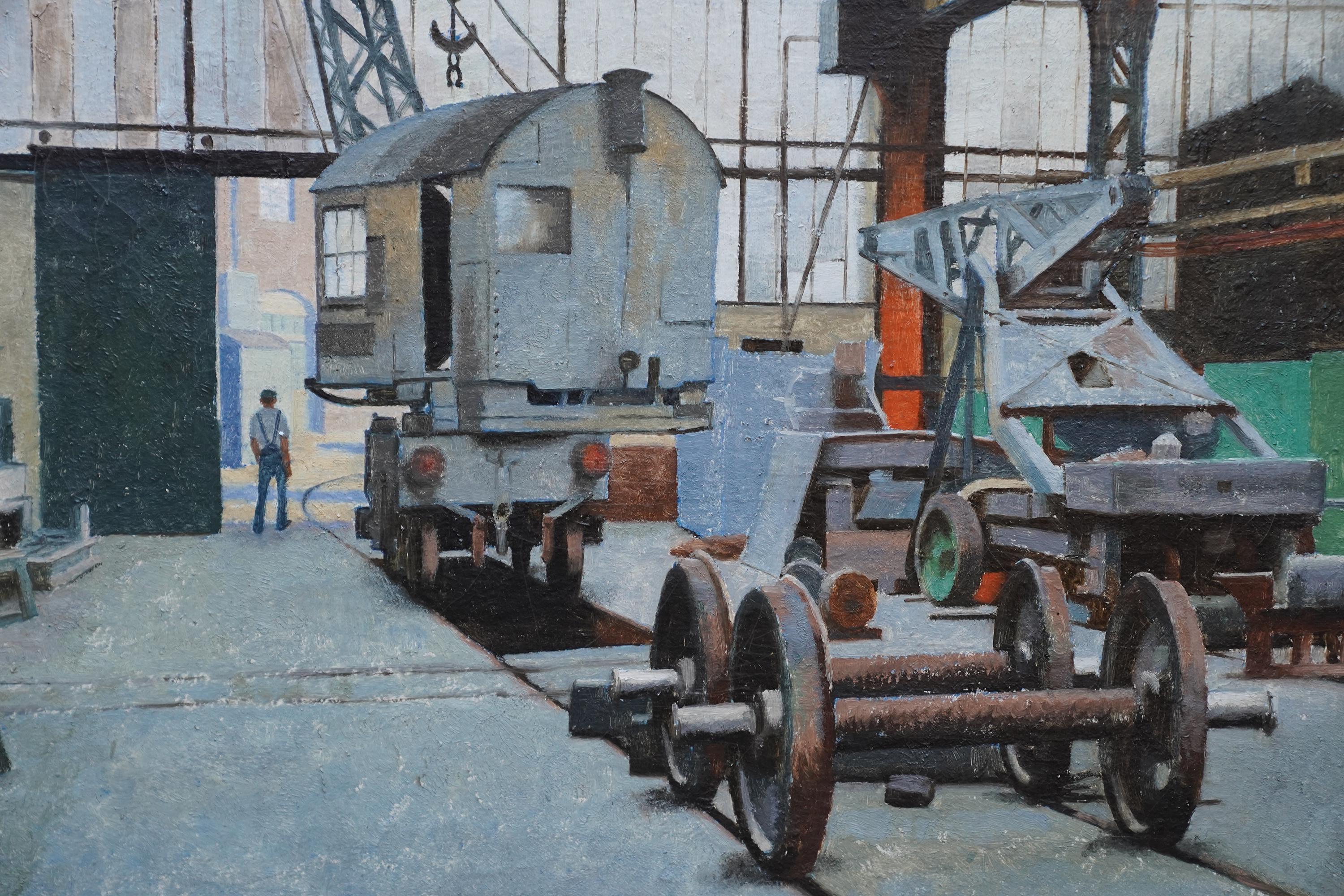 Interior of Brighton Railway Works 1950 - British art Industrial oil painting - Realist Painting by Veronica Burleigh