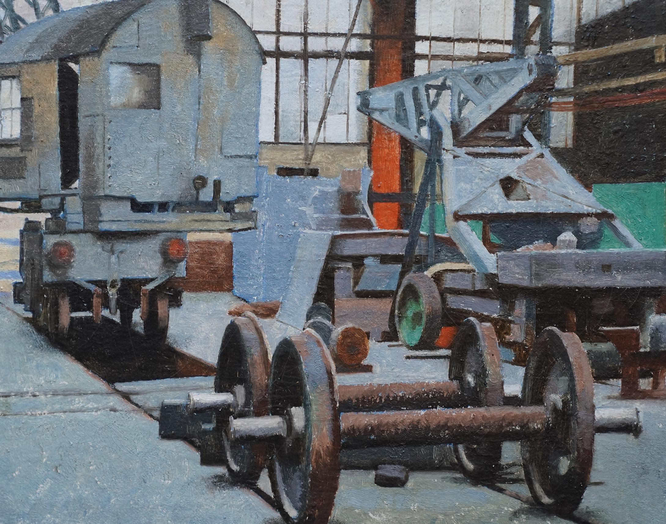 Interior of Brighton Railway Works 1950 - British art Industrial oil painting - Gray Interior Painting by Veronica Burleigh
