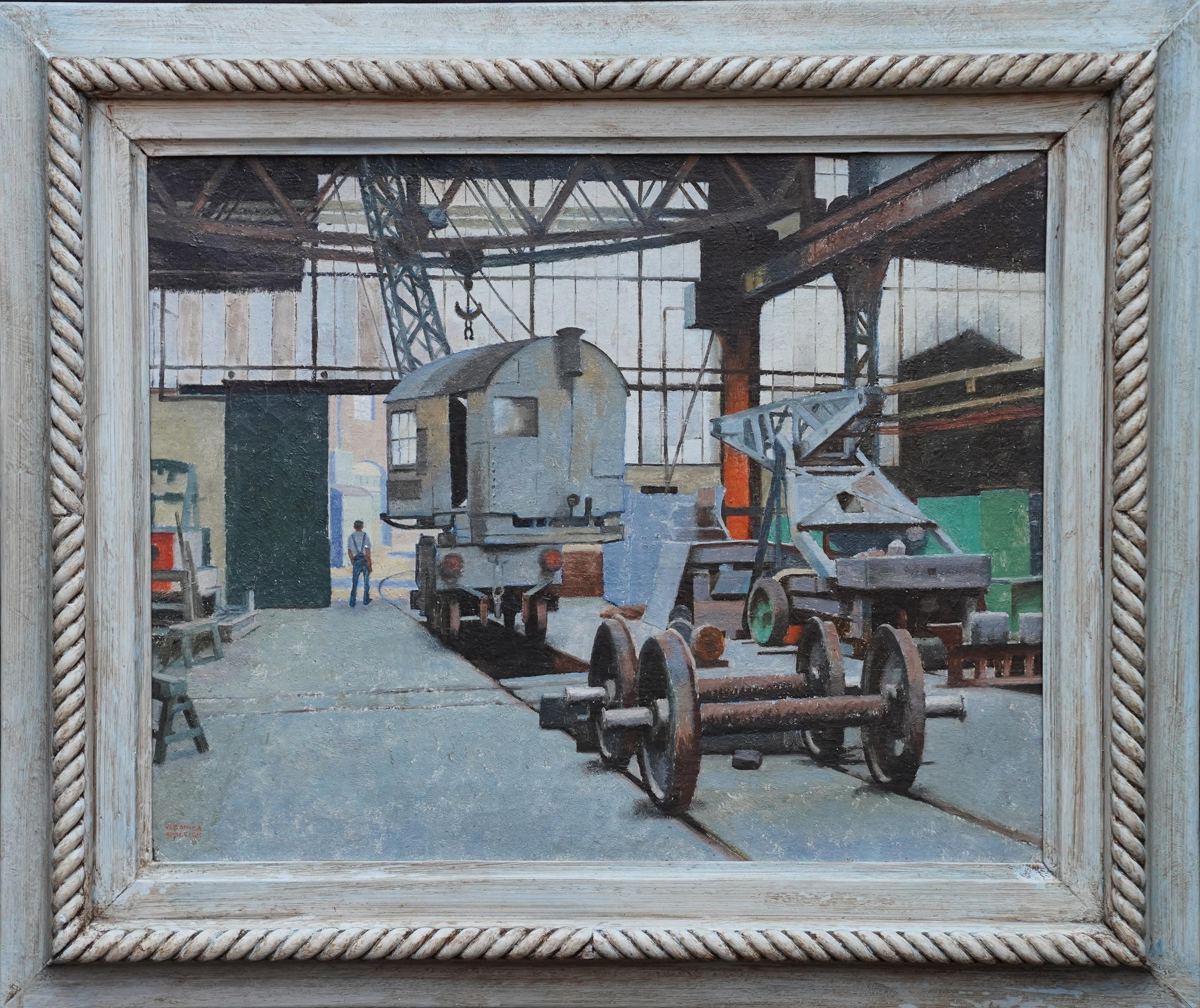 Veronica Burleigh Interior Painting - Interior of Brighton Railway Works 1950 - British art Industrial oil painting