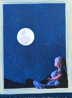 Beyond My Window - Little Girl with Soft Toy watching the Moon, Glow in the Dark