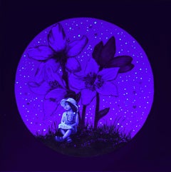 Day Dreaming - Little Girl sitting under White Flowers, Glow In The Dark