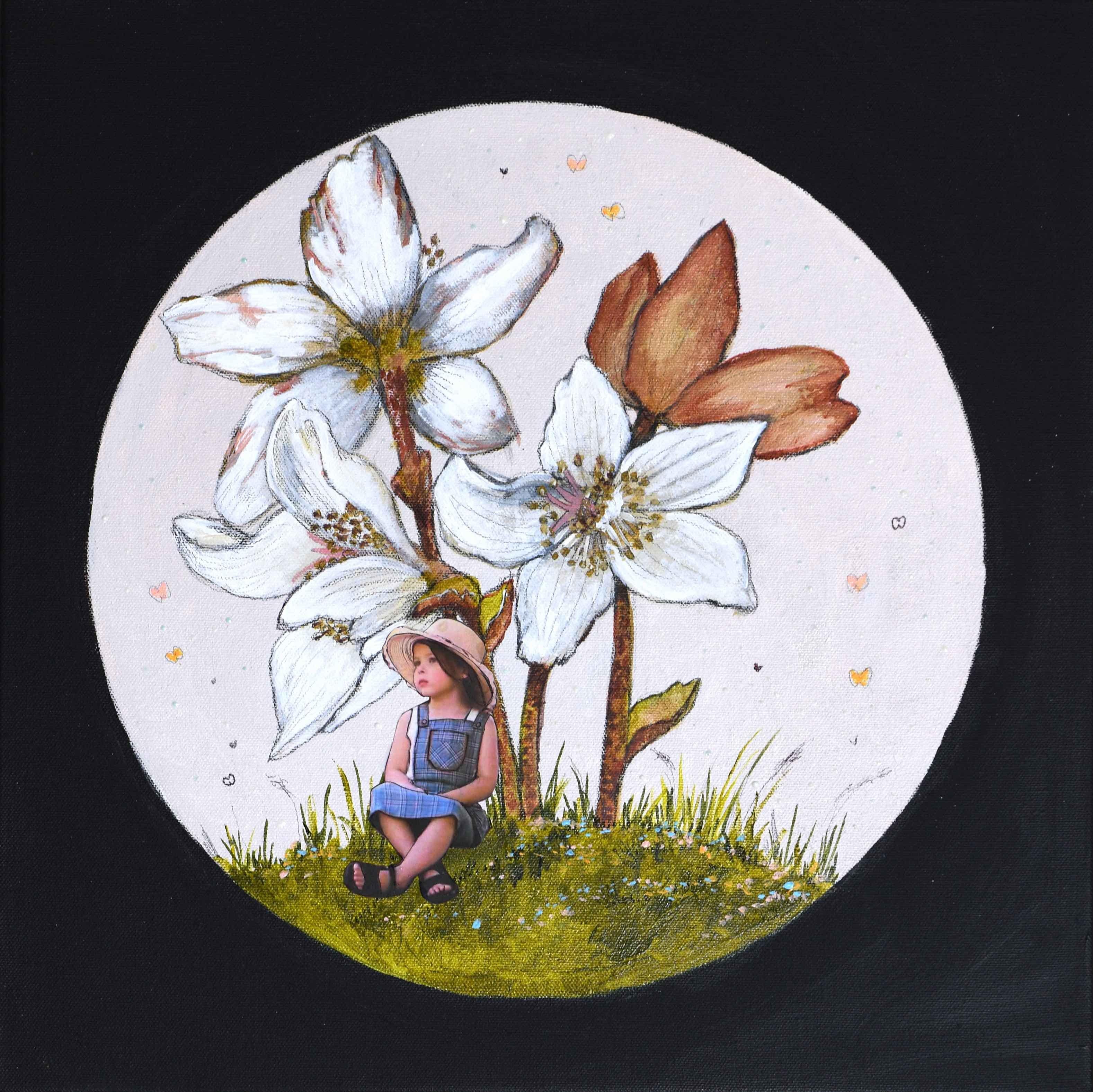 Day Dreaming - Little Girl sitting under White Flowers, Glow In The Dark - Painting by Veronica Green