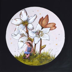 Day Dreaming - Little Girl sitting under White Flowers, Glow In The Dark