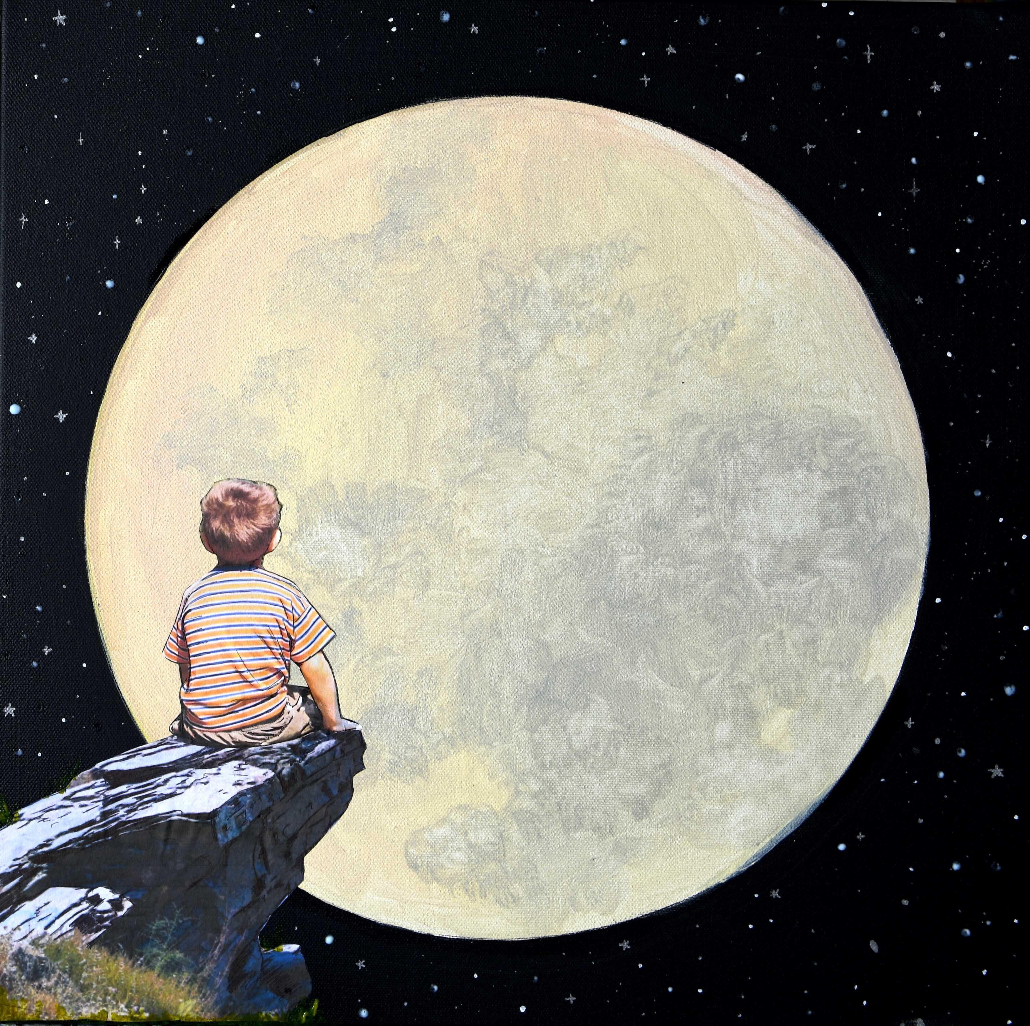 Dream Free, Boy Sitting in Front of a Full Moon, Glow In The Dark under UV Light - Painting by Veronica Green