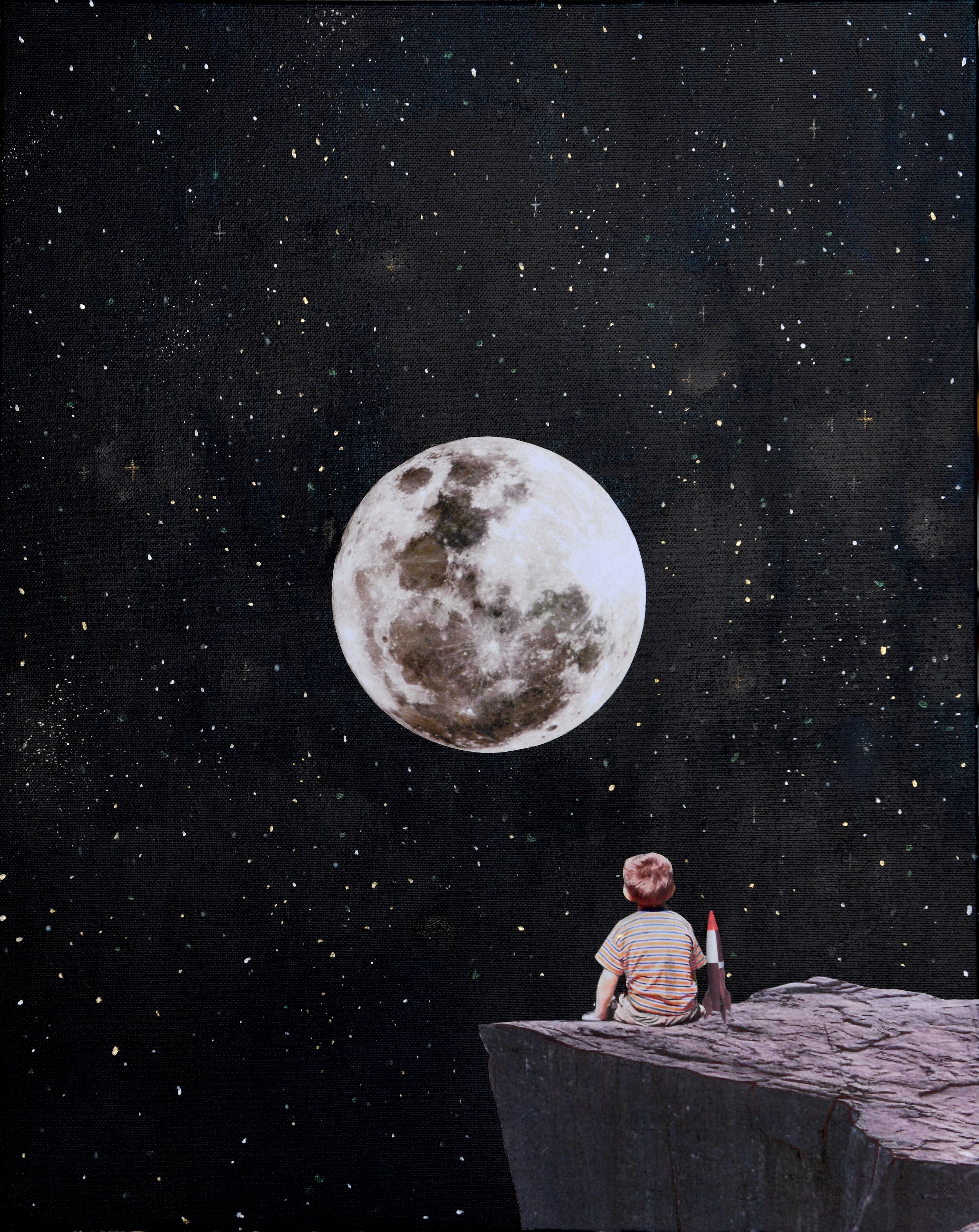 Launch - Little Boy Looking at a Full Moon Under the Stars, Glow In The Dark - Mixed Media Art by Veronica Green