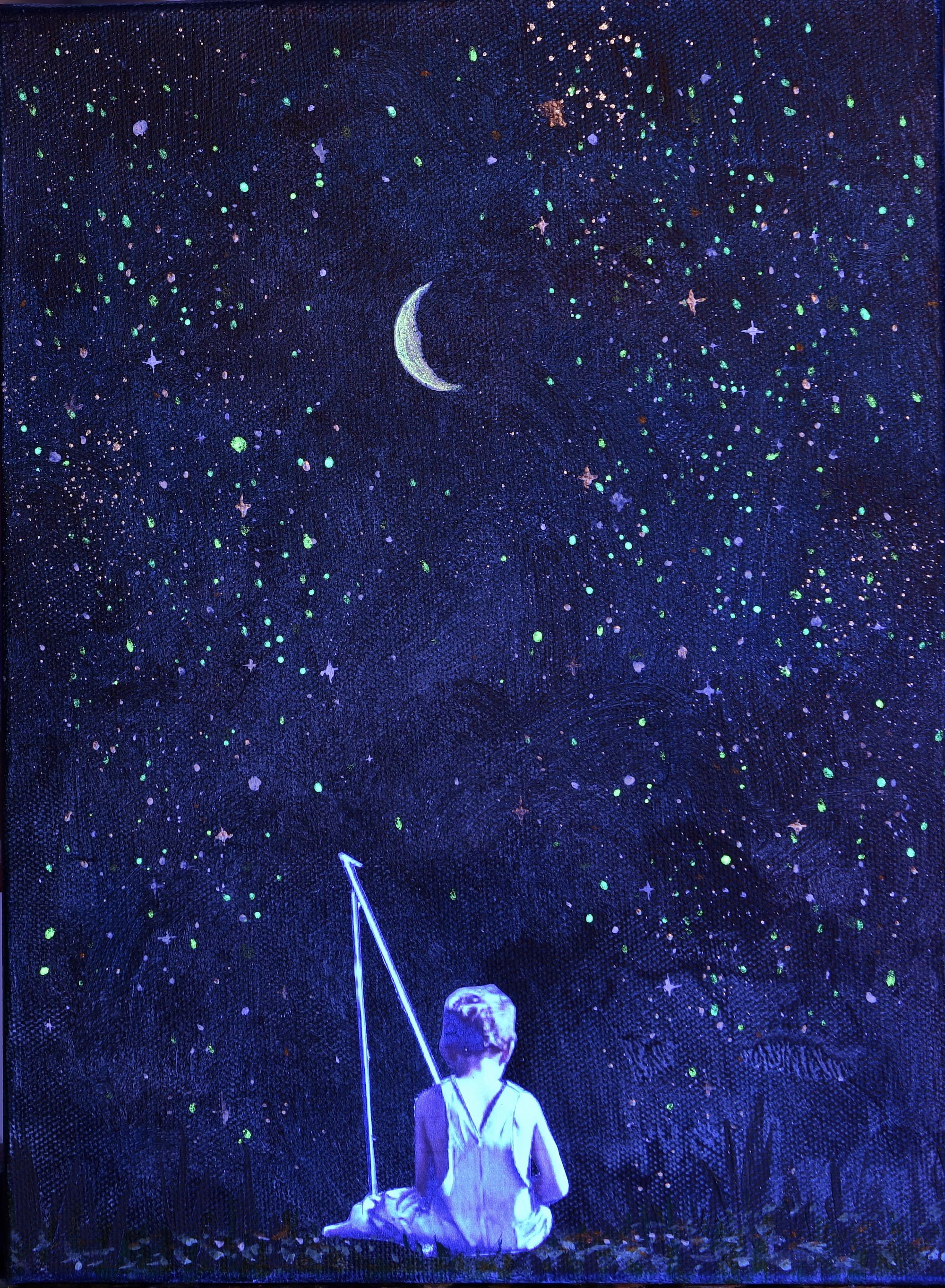 My Shining Star - Kleiner Junge beim Fischen unter dem Mond und den Sternen:: Glow In The Dark (Zeitgenössisch), Painting, von Veronica Green