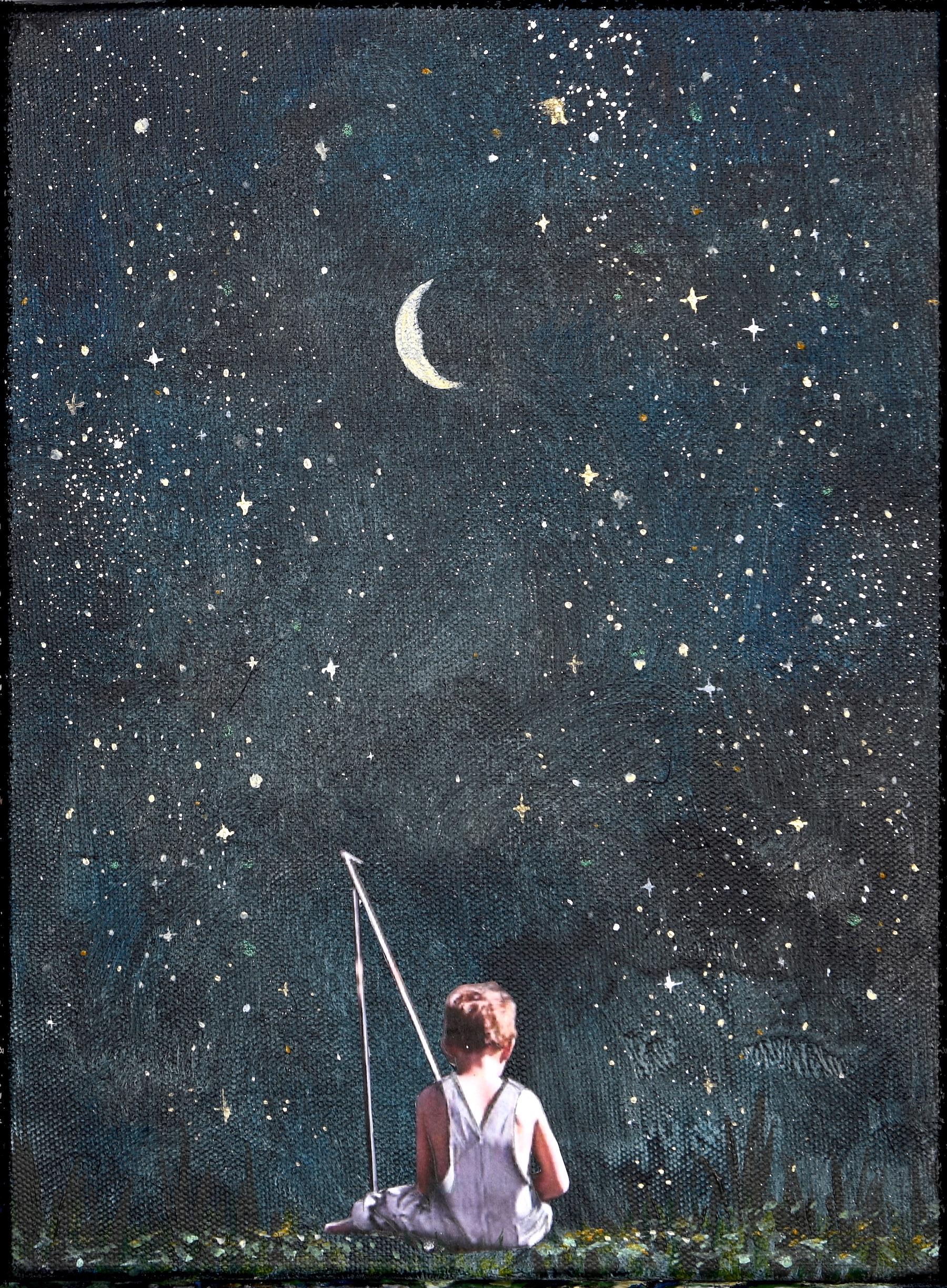 My Shining Star - Little Boy Fishing Under the Moon and Stars, Glow In The Dark - Painting by Veronica Green