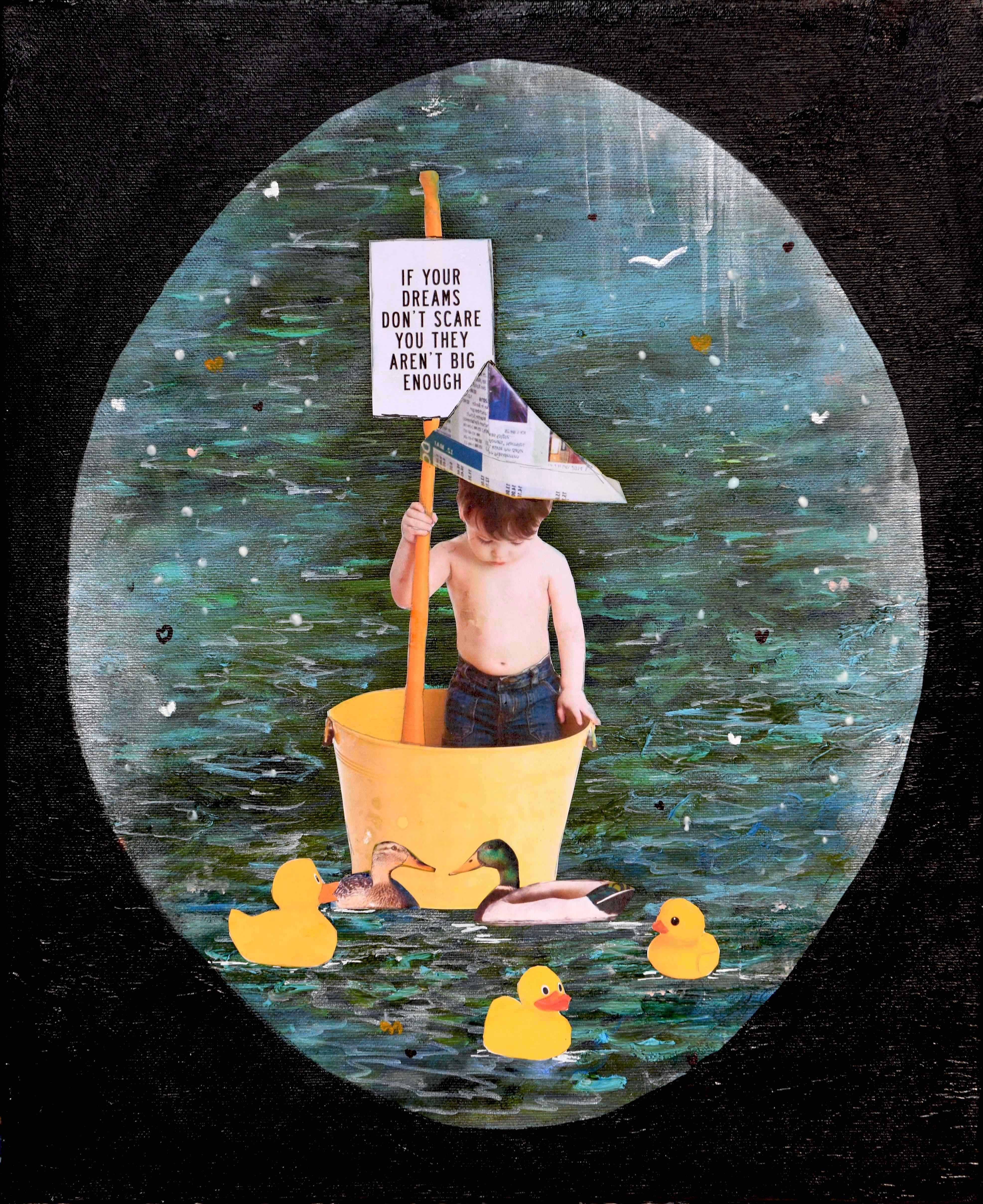 The Size Of Dreams - Little Boy, Real & Rubber Ducks, Dreaming Big, Glow in Dark - Painting by Veronica Green