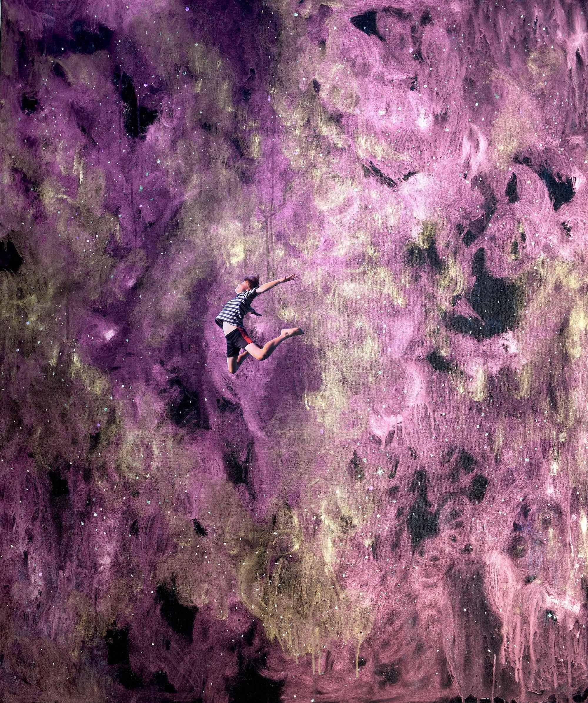 Time Travel - Boy Leaping into a Pink Abstract Space - Glow in the Dark - Painting by Veronica Green