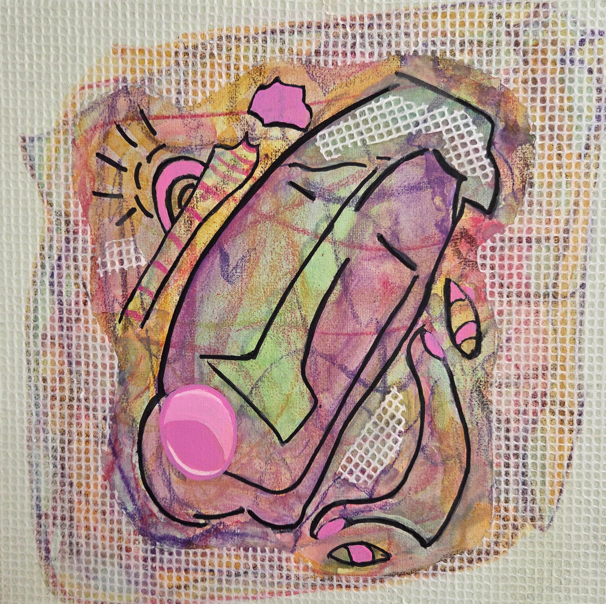 Hombre Chicle (Pintura acrílica, collage de papel, pastel sobre papel de acuarela) - Mixed Media Art de Veronica Lewis