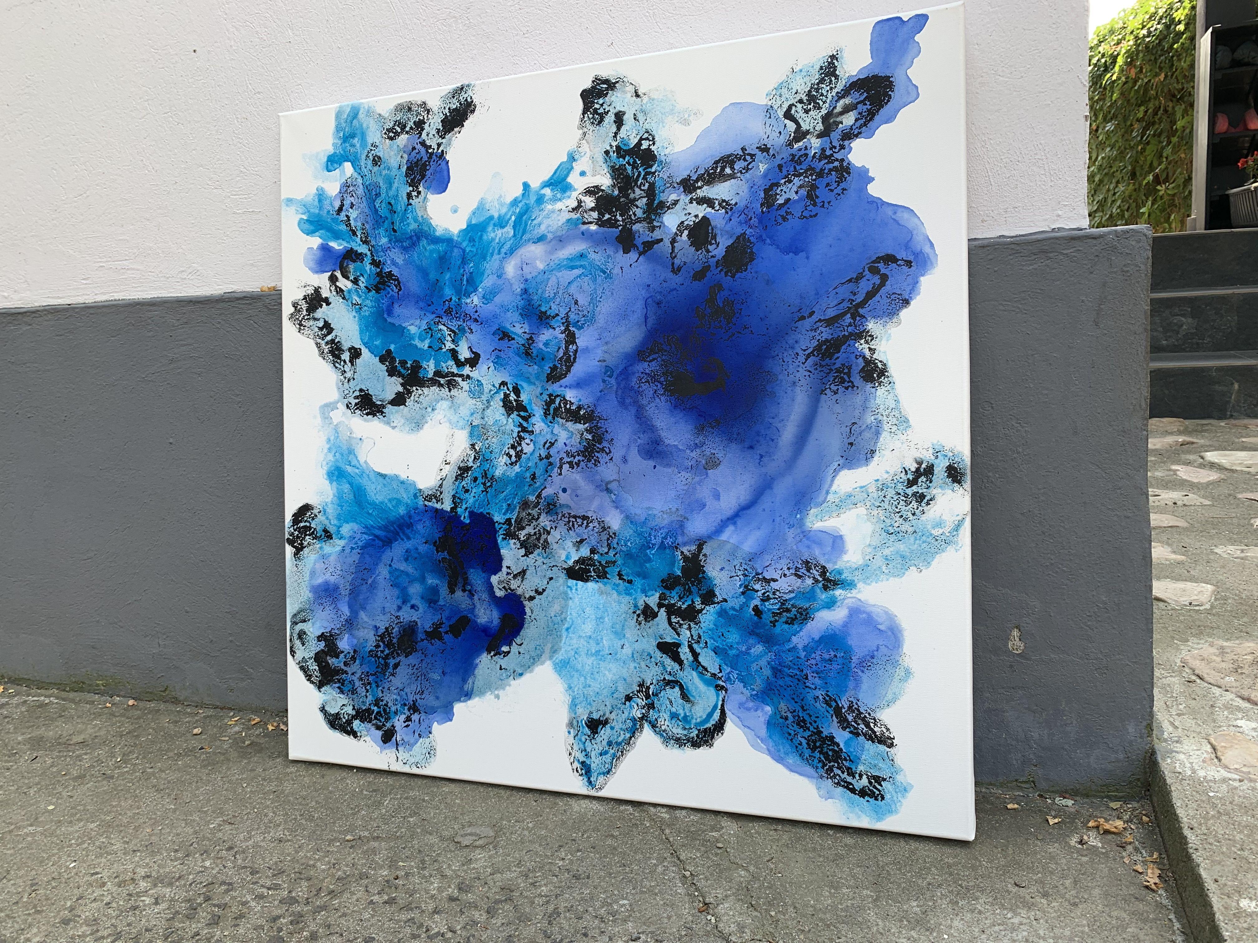 Hand-painted. Not a print. Painting is signed at the back. Dated.  Contemporary FINE ART Original PAINTING, acrylics and inks on 100% cotton stretched wrapped canvas.    Title: Blue Flame 10, 2021  Size: 31.5''x 31.5''( 80 x 80 cm)    In order to