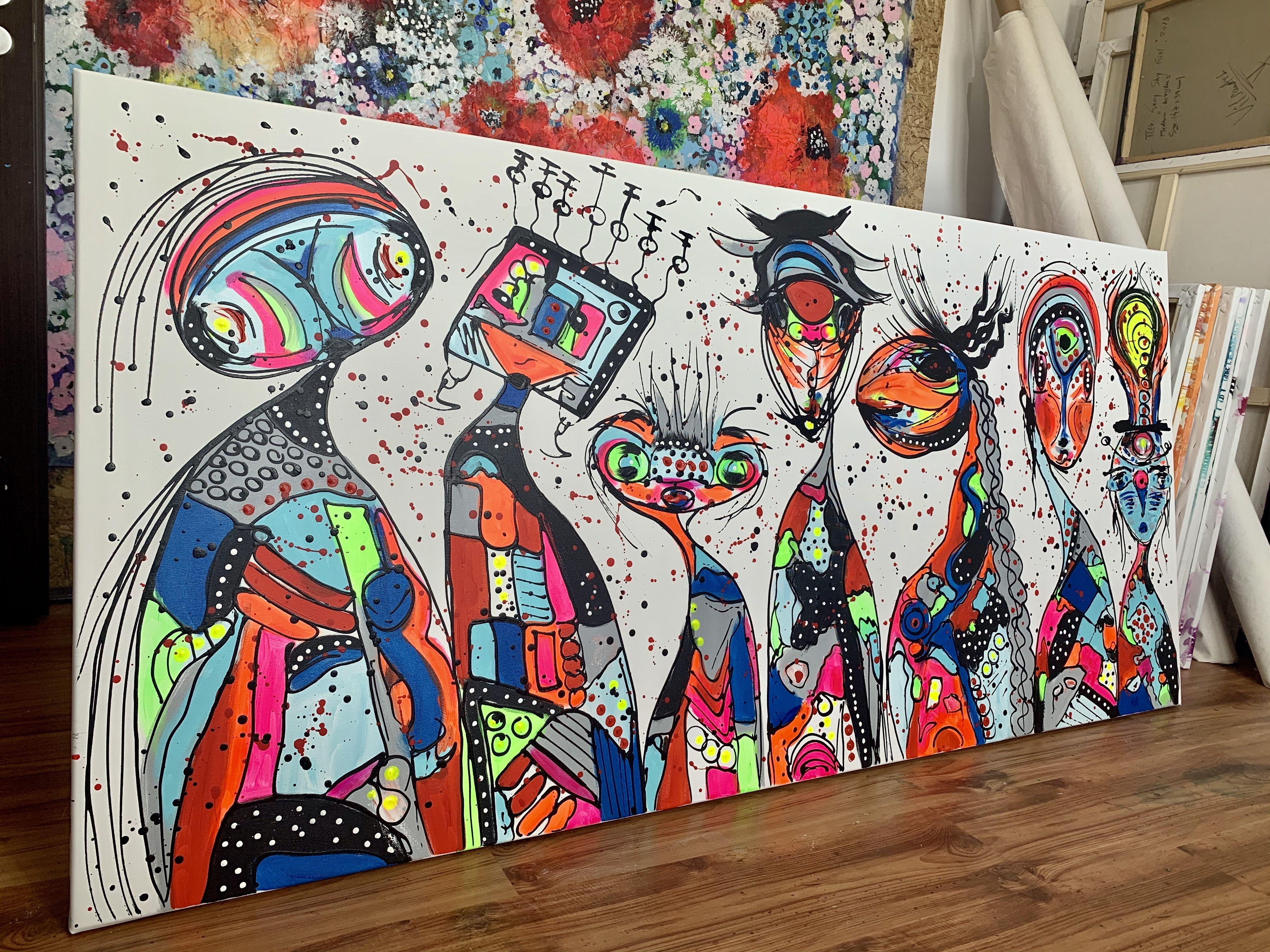 Contemporary FINE ART Original PAINTING, acrylics and texture on 100% cotton stretched wrapped canvas.    Title: Friends 42 ,ready to hang, 2020  Size: 71''x 33''(180 x 85 cm)    Room views may not be to scale!    Hand painted. Original, not print.