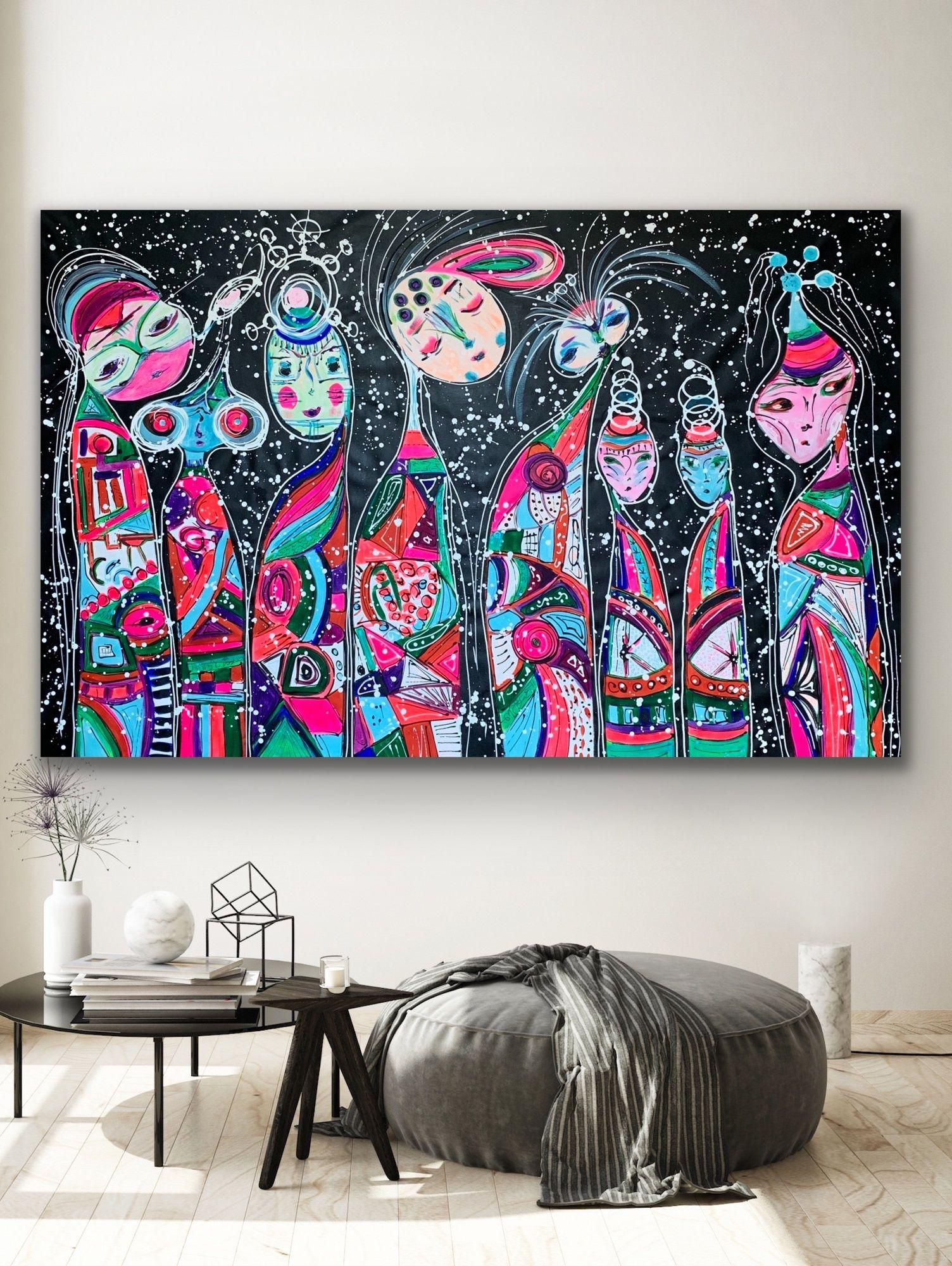 Contemporary Original PAINTING, acrylics, and texture on 100% cotton canvas.    Title: Friends 52, 2020  Size:75''x 45''(190 x 115 cm), 84''x 55''( 205 x 130 cm) (actual painting size- before stretching).    The painting will be shipped rolled in a