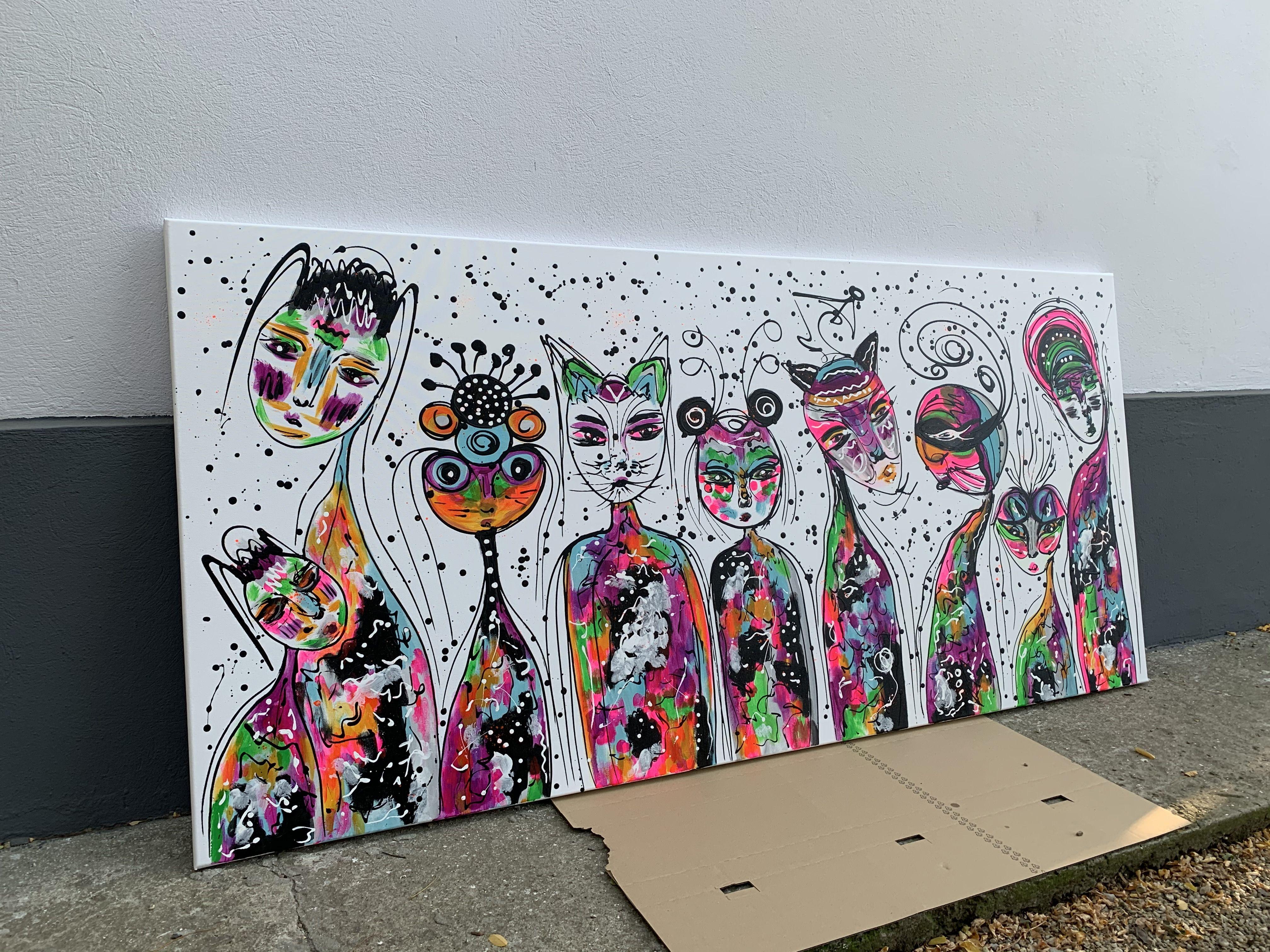 Contemporary FINE ART Original PAINTING, acrylics and texture on 100% cotton stretched wrapped canvas.    Title: Friends 55, ready to hang, 2020  Size: 71''x 33''(180 x 85 cm)    Room views may not be to scale!    Hand painted. Original, not print.