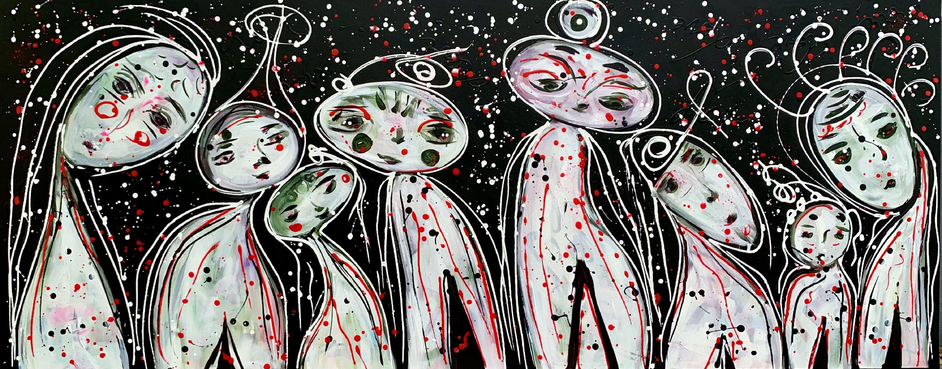 Hand-painted. Not a print. Painting is signed at the back. Dated.  Contemporary FINE ART Original PAINTING, acrylics and texture on 100% cotton stretched wrapped canvas.    Title: Friends 56, 2020, ready to hang  Size: 59 x 23,5"( 150 x 60 cm)    In